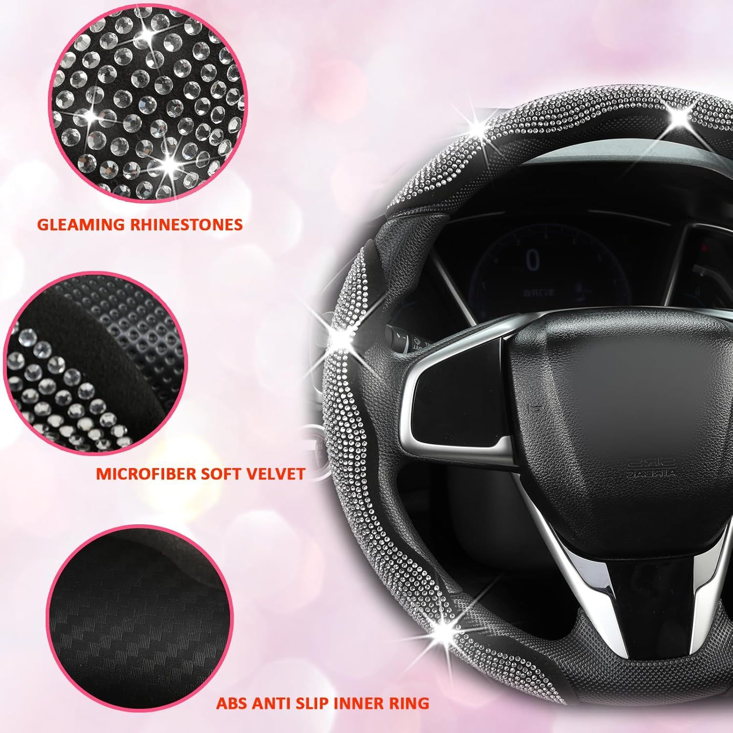 Diamond Bling Car Steering Wheel Cover with Crystal Rhinestones,3PCS Segmented Steering Wheel Protector,Universal for 99% Cars for Women(Black with White Diamond) - Image 2