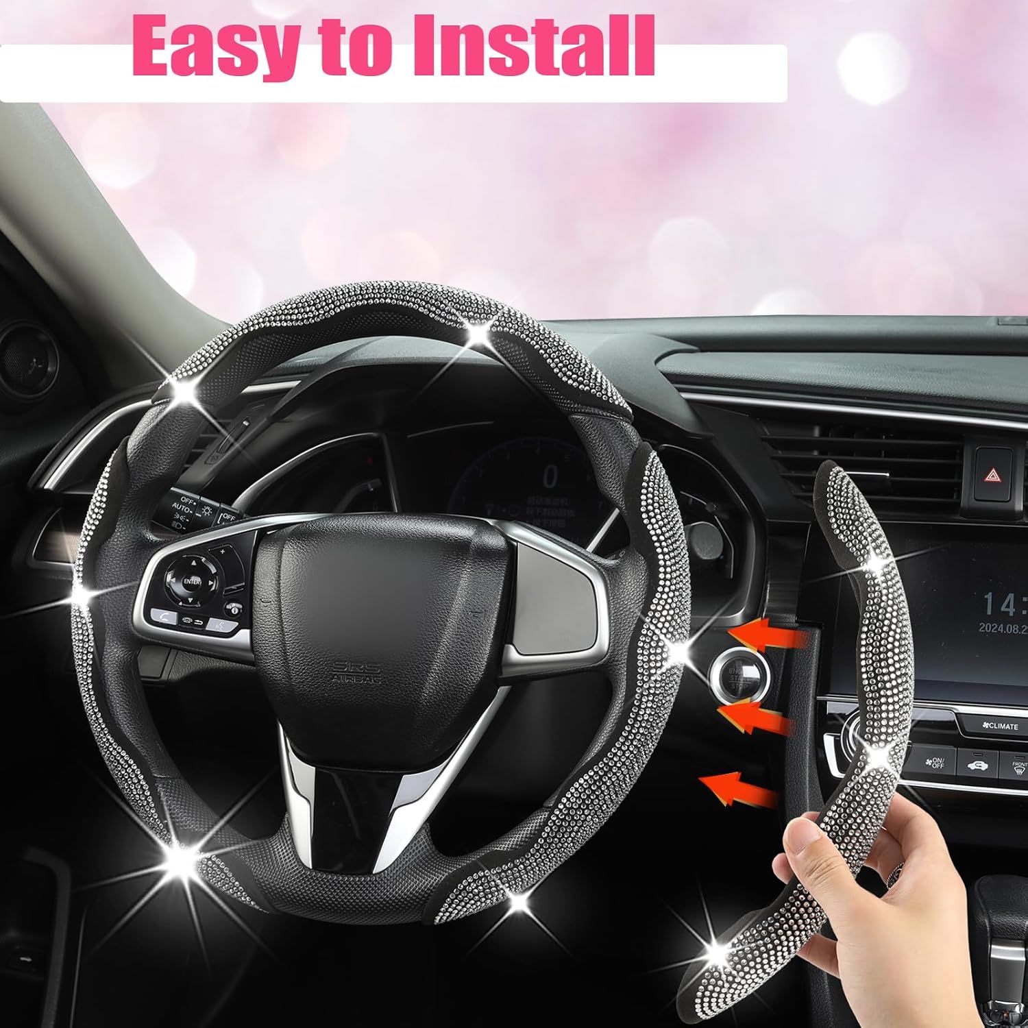 Diamond Bling Car Steering Wheel Cover with Crystal Rhinestones,3PCS Segmented Steering Wheel Protector,Universal for 99% Cars for Women(Black with White Diamond) - Image 4
