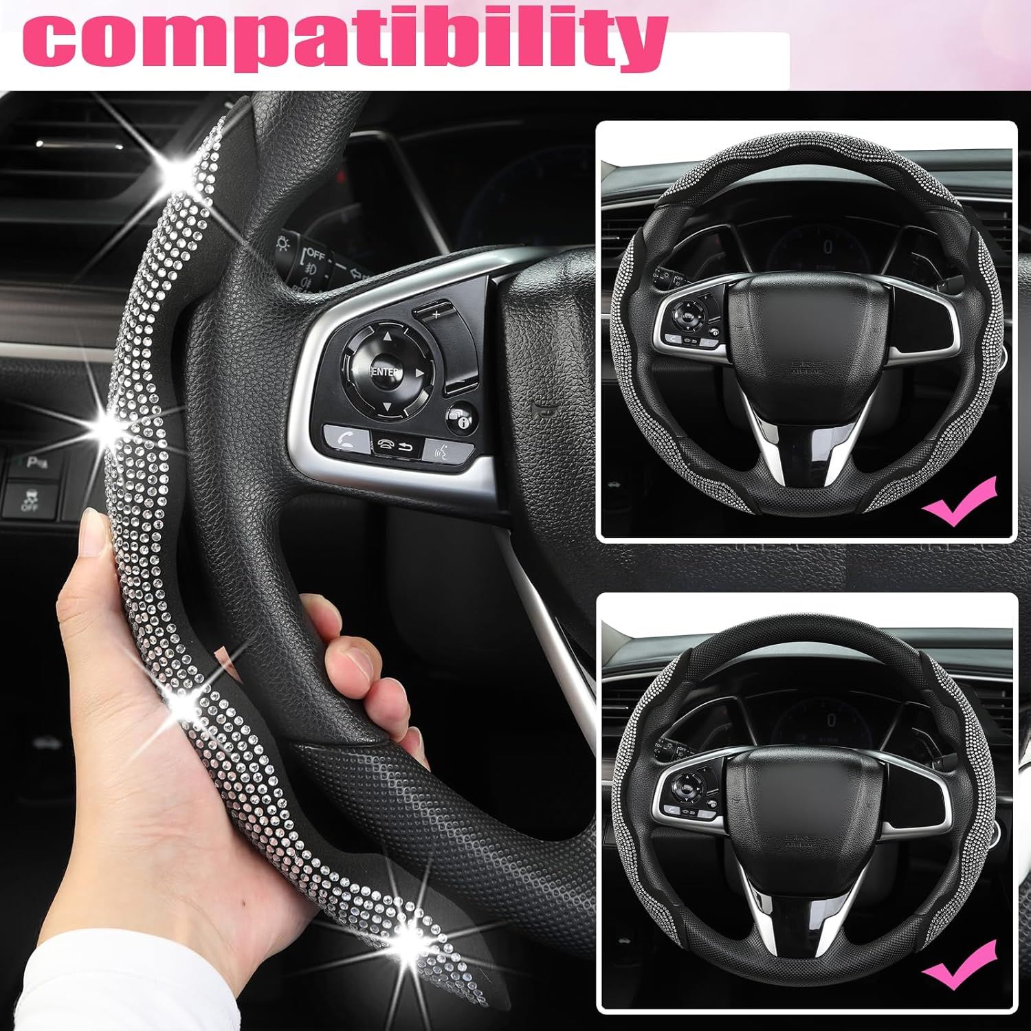Diamond Bling Car Steering Wheel Cover with Crystal Rhinestones,3PCS Segmented Steering Wheel Protector,Universal for 99% Cars for Women(Black with White Diamond) - Image 5