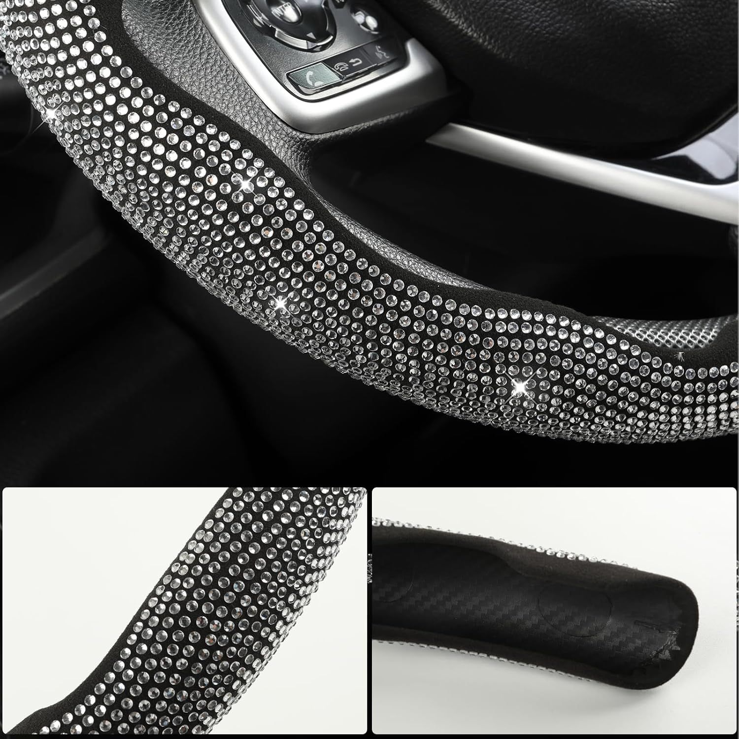 Diamond Bling Car Steering Wheel Cover with Crystal Rhinestones,3PCS Segmented Steering Wheel Protector,Universal for 99% Cars for Women(Black with White Diamond) - Image 7