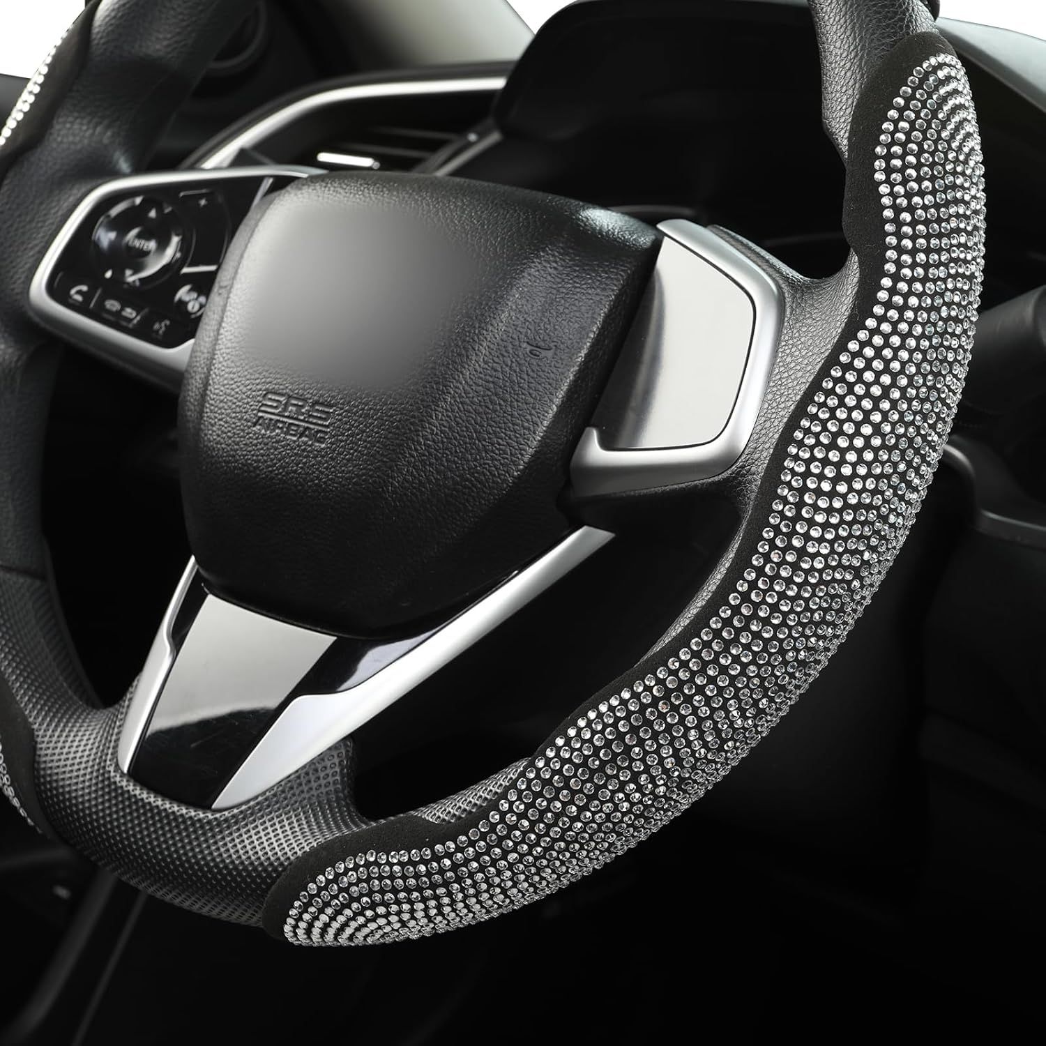 Diamond Bling Car Steering Wheel Cover with Crystal Rhinestones,3PCS Segmented Steering Wheel Protector,Universal for 99% Cars for Women(Black with White Diamond) - Image 8