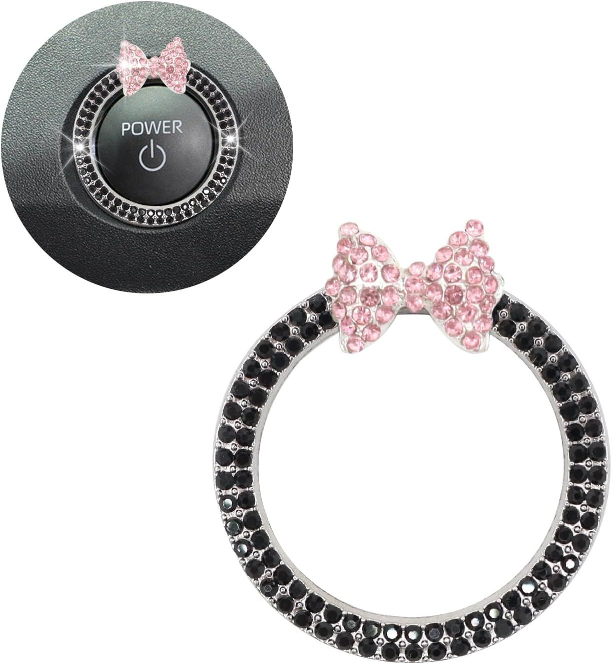 Bow Car Accessories,Pink Bow Tie Push Start Button Rhinestone Ring,Black Engine Start Stop Button Ring Car Decor,Bling Girly Ignition Charm - Image 1
