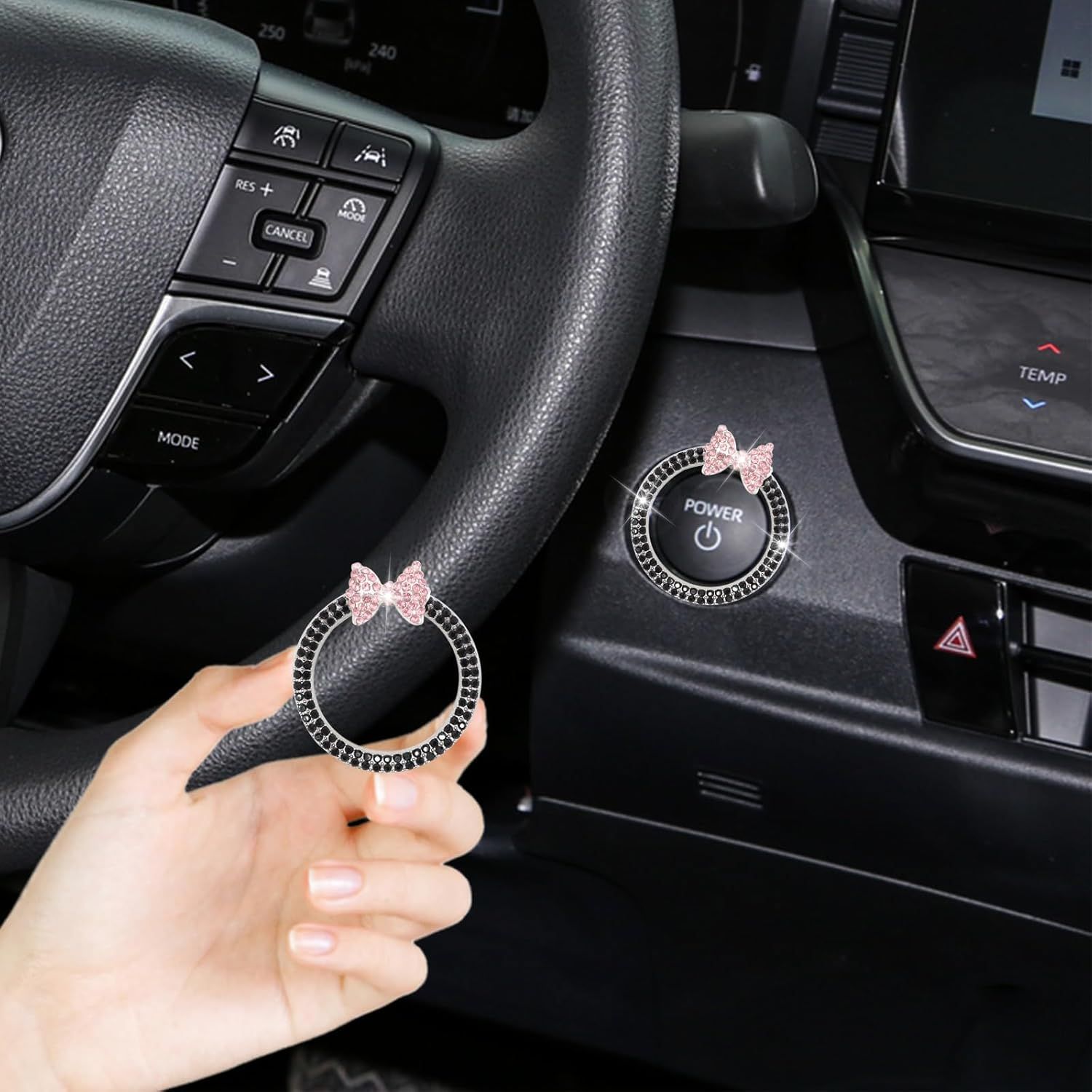 Bow Car Accessories,Pink Bow Tie Push Start Button Rhinestone Ring,Black Engine Start Stop Button Ring Car Decor,Bling Girly Ignition Charm - Image 3