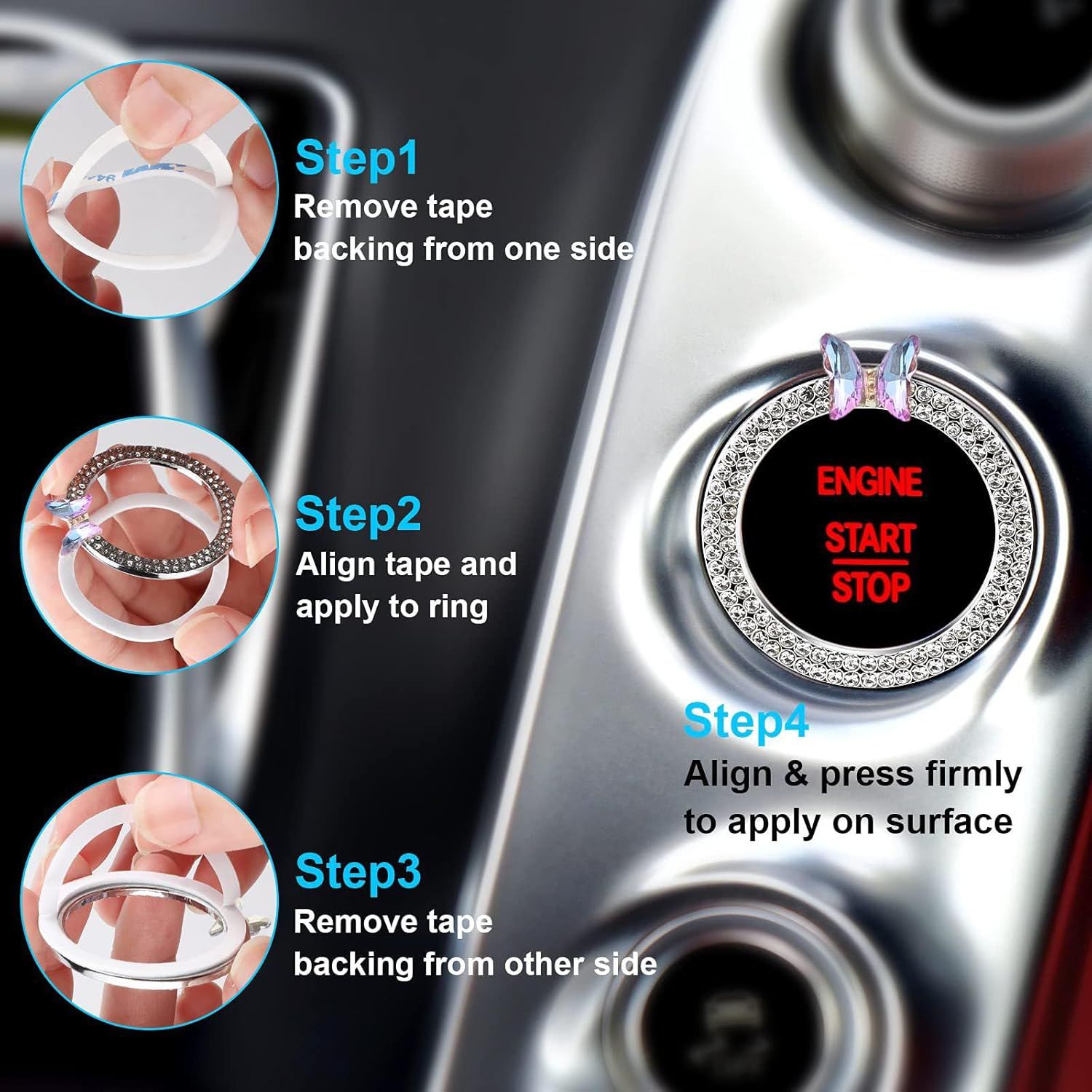 Bow Car Accessories,Pink Bow Tie Push Start Button Rhinestone Ring,Black Engine Start Stop Button Ring Car Decor,Bling Girly Ignition Charm - Image 6