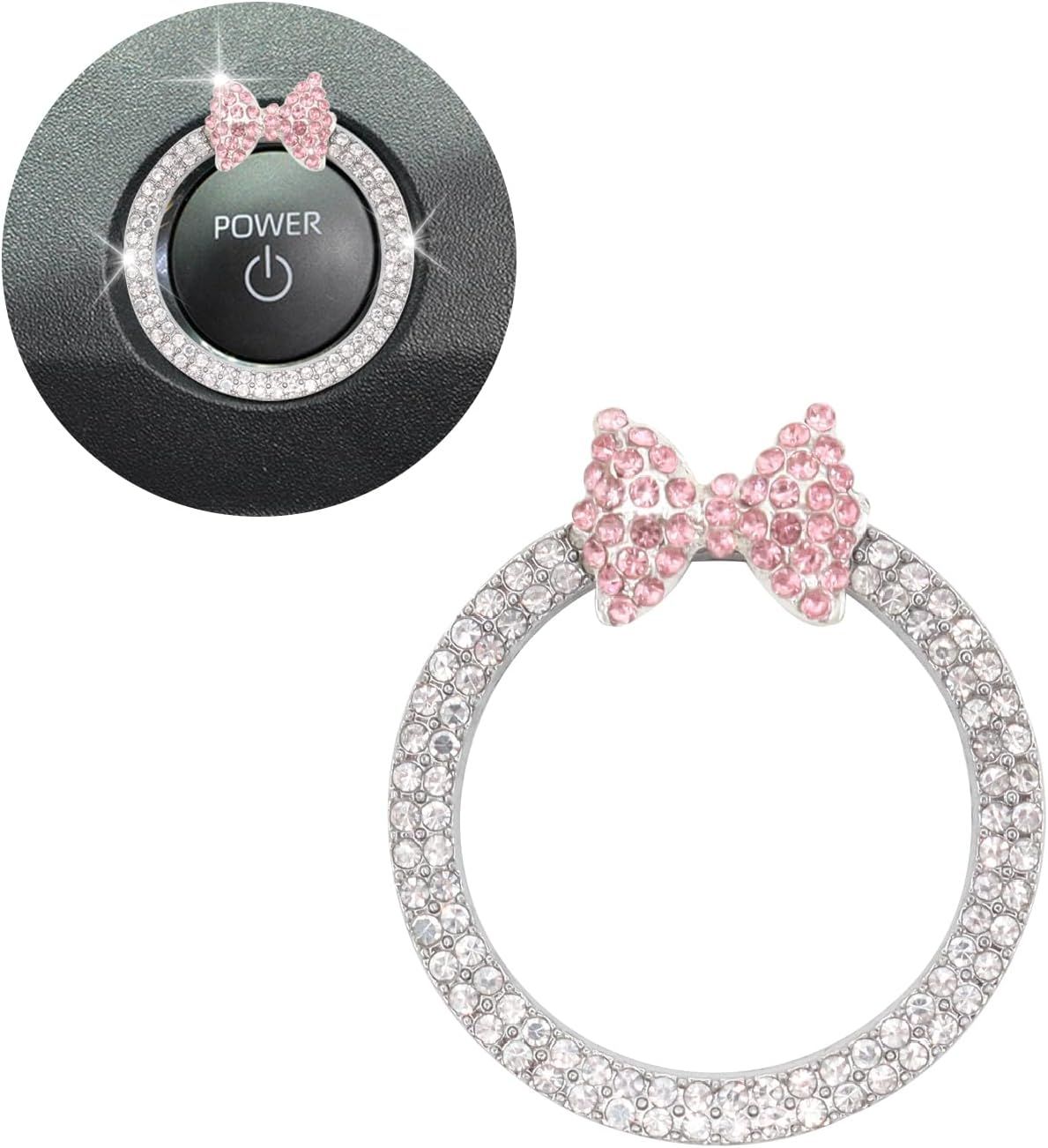 Pink Bow Car Accessories,Bow Tie Engine Start Button Ring,Bling Girly Silver Rhinestone Ring Start Stop Button Car Decor for Women,Ignition Ring Car Charm - Image 1