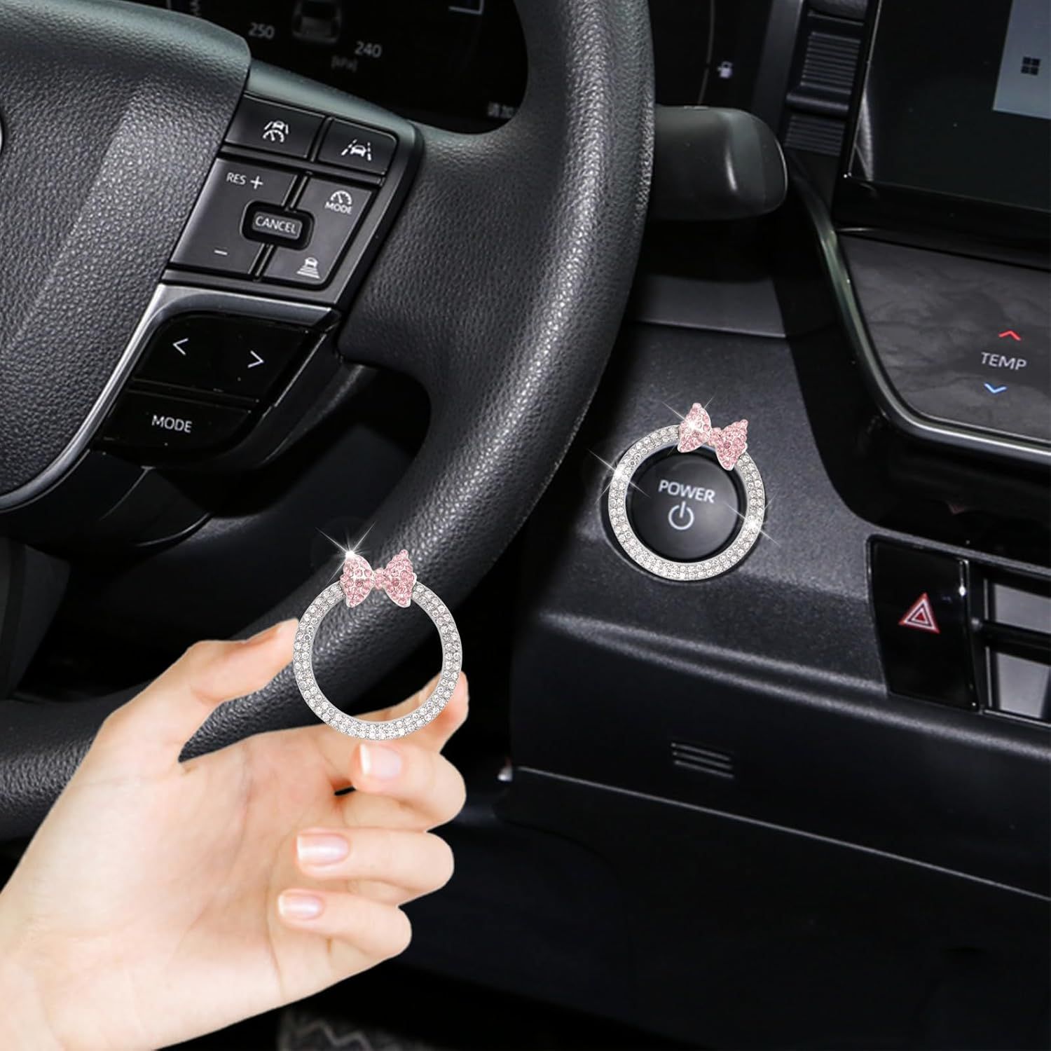 Pink Bow Car Accessories,Bow Tie Engine Start Button Ring,Bling Girly Silver Rhinestone Ring Start Stop Button Car Decor for Women,Ignition Ring Car Charm - Image 2