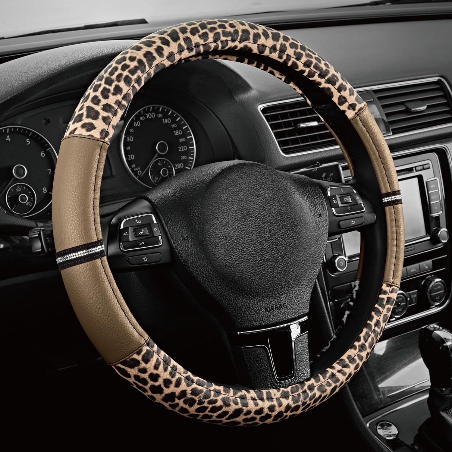 Leopard Steering Wheel Cover for Women, Cute Anti-Slip Microfiber Leather, Universal Fit 14.5-15 Inch Round Steering Wheel - Beige - Image 1
