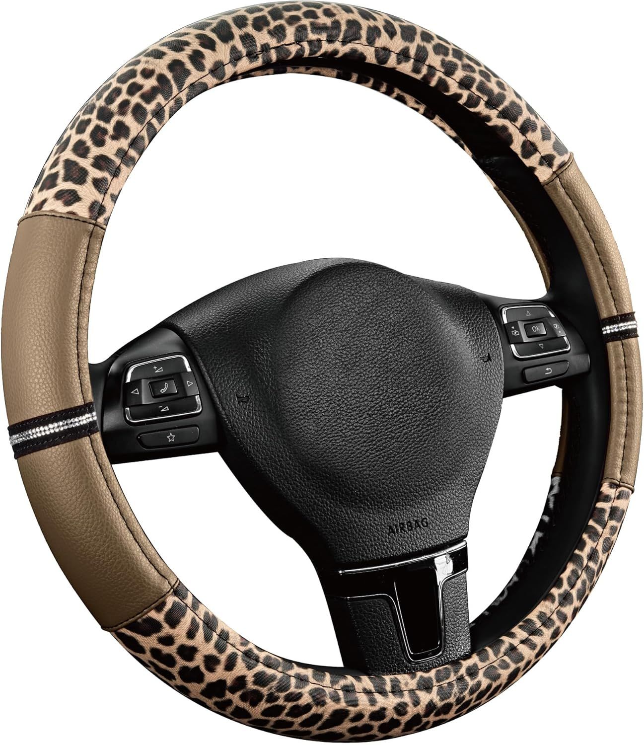 Leopard Steering Wheel Cover for Women, Cute Anti-Slip Microfiber Leather, Universal Fit 14.5-15 Inch Round Steering Wheel - Beige - Image 2
