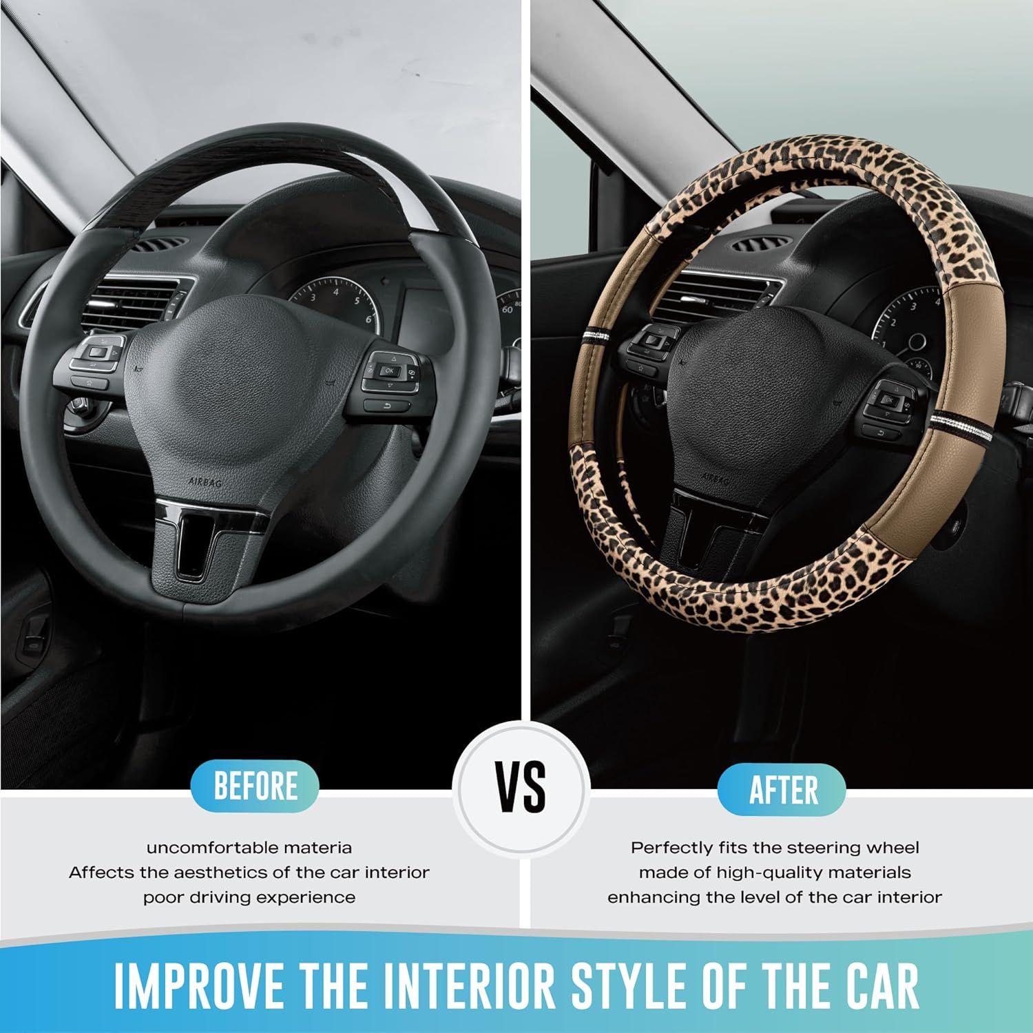 Leopard Steering Wheel Cover for Women, Cute Anti-Slip Microfiber Leather, Universal Fit 14.5-15 Inch Round Steering Wheel - Beige - Image 3