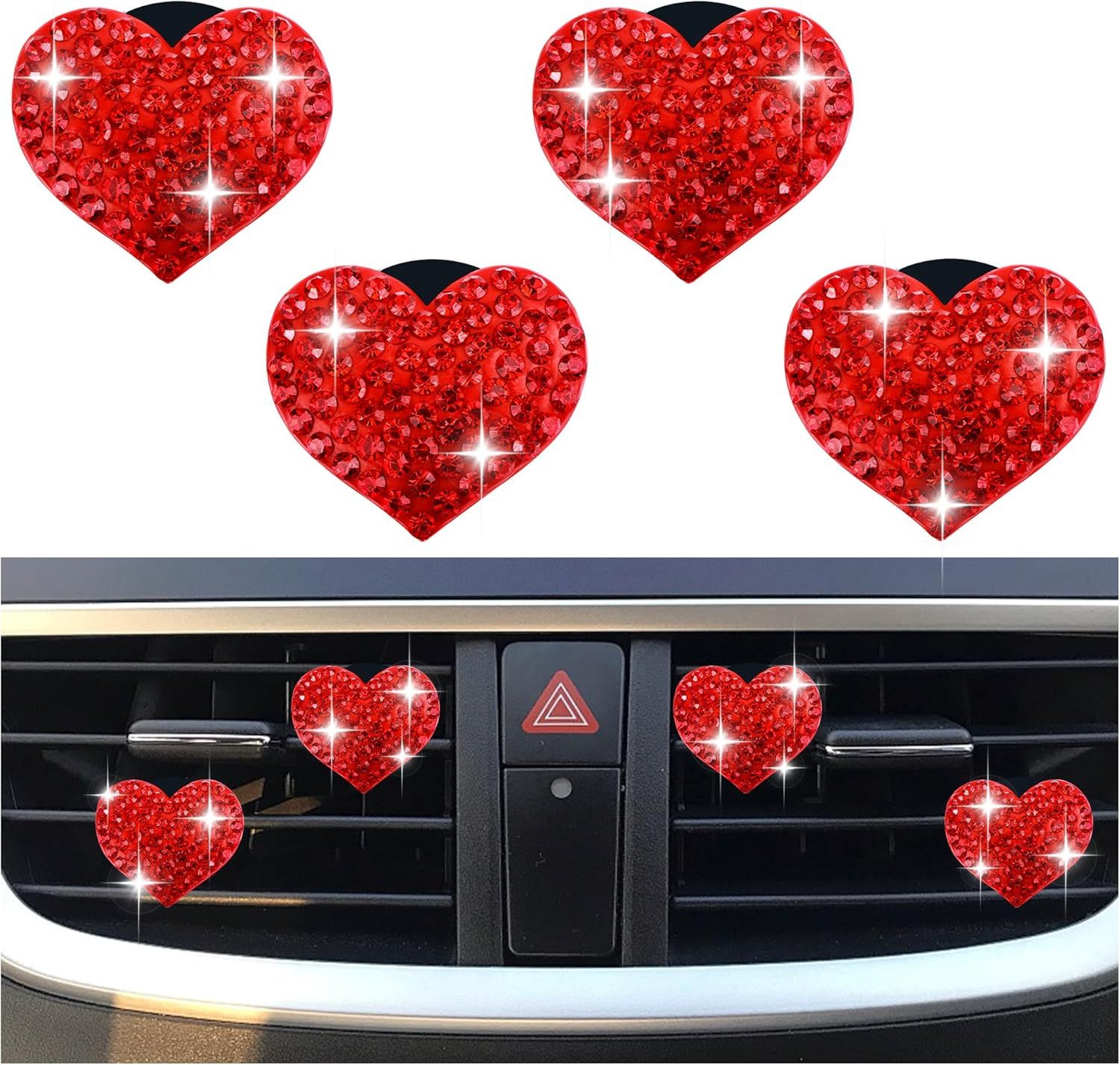 4PCS Heart-Shaped Car Vent Clips with Rhinestone,Bling Air Vent Clips Car Decorations,Premium Shiny Car Clips for Vents Accessories Interior (Red) - Image 1