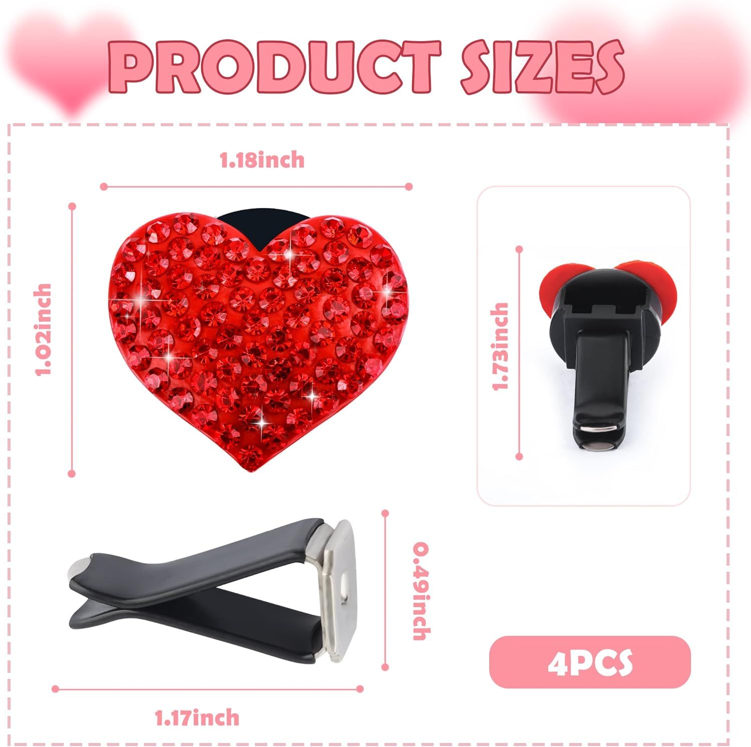 4PCS Heart-Shaped Car Vent Clips with Rhinestone,Bling Air Vent Clips Car Decorations,Premium Shiny Car Clips for Vents Accessories Interior (Red) - Image 2