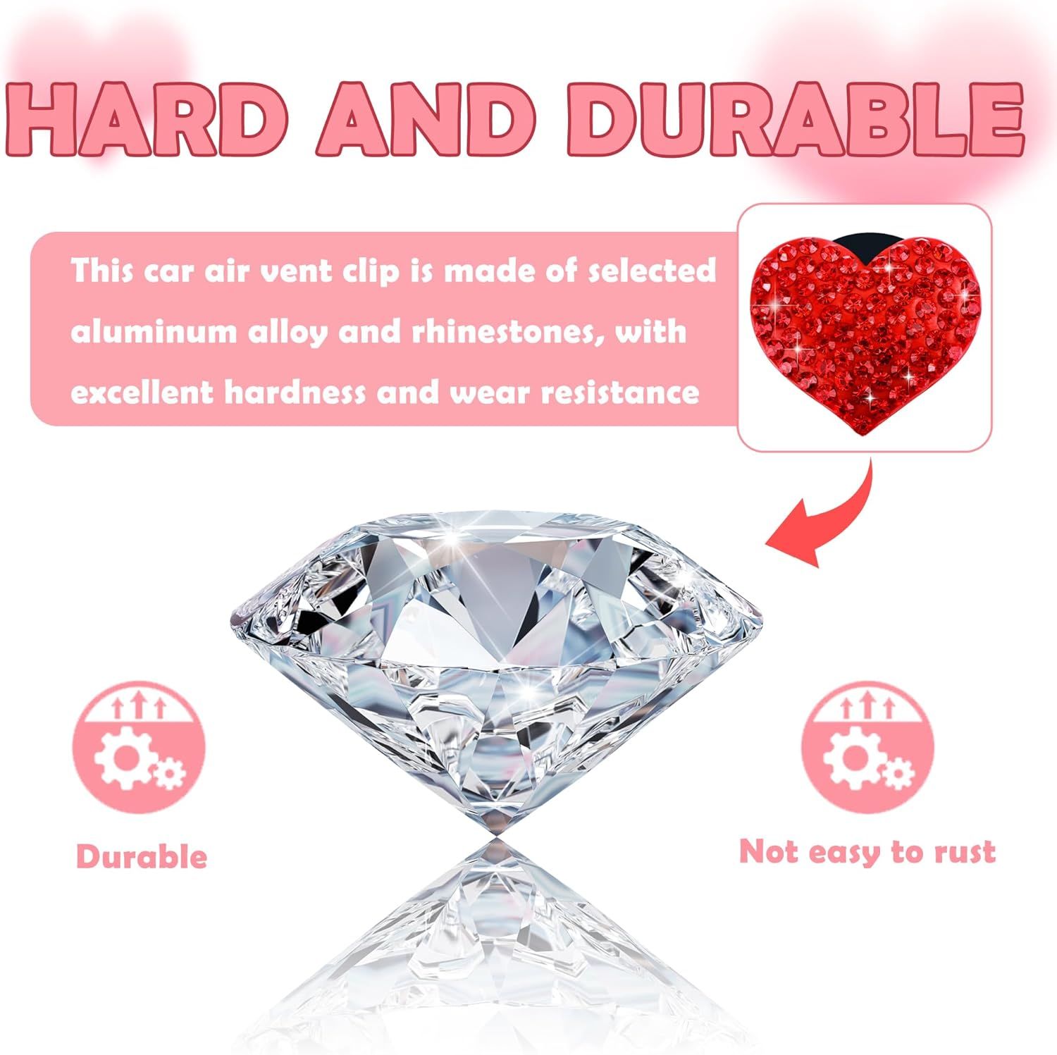4PCS Heart-Shaped Car Vent Clips with Rhinestone,Bling Air Vent Clips Car Decorations,Premium Shiny Car Clips for Vents Accessories Interior (Red) - Image 3