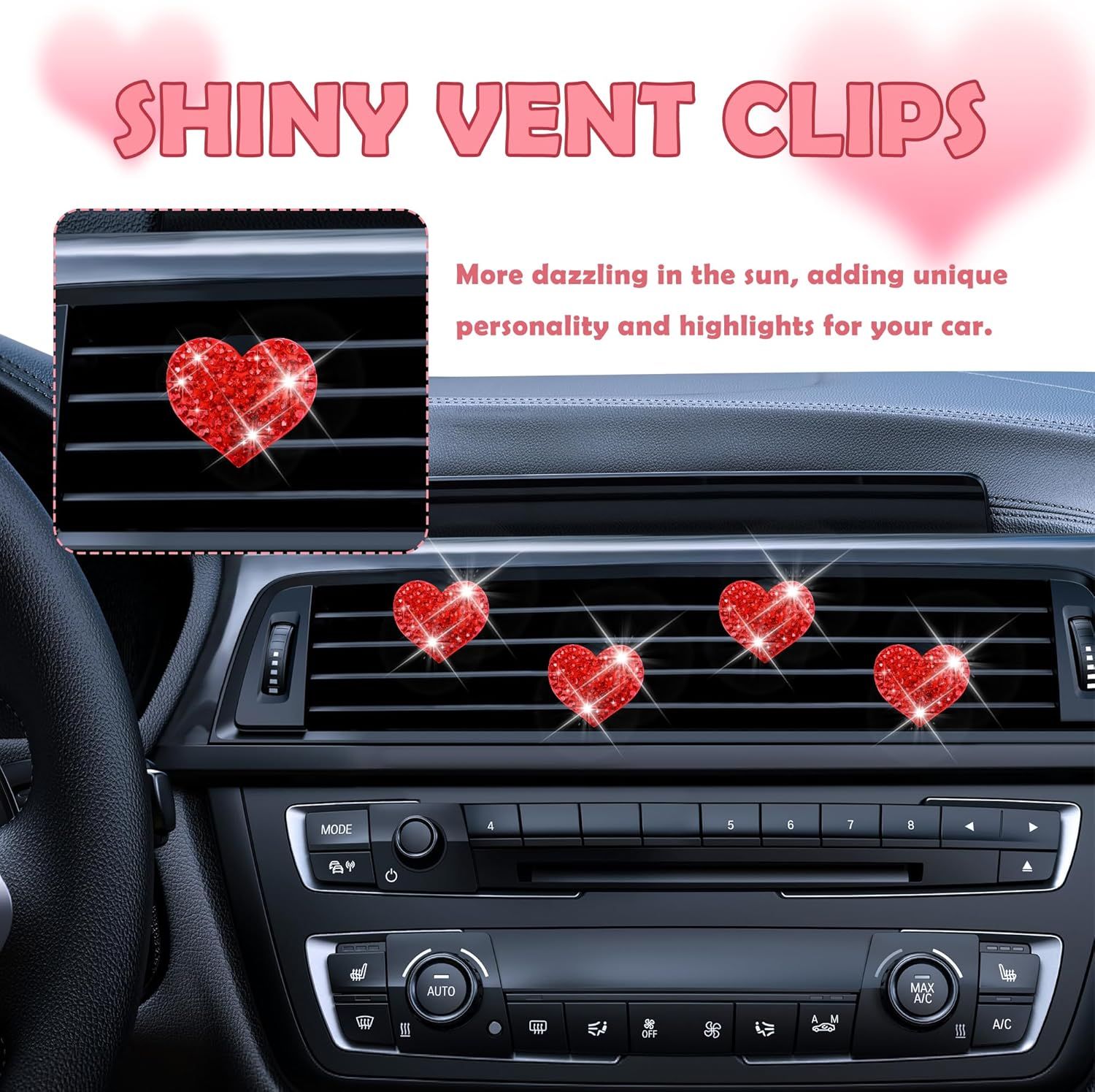4PCS Heart-Shaped Car Vent Clips with Rhinestone,Bling Air Vent Clips Car Decorations,Premium Shiny Car Clips for Vents Accessories Interior (Red) - Image 4
