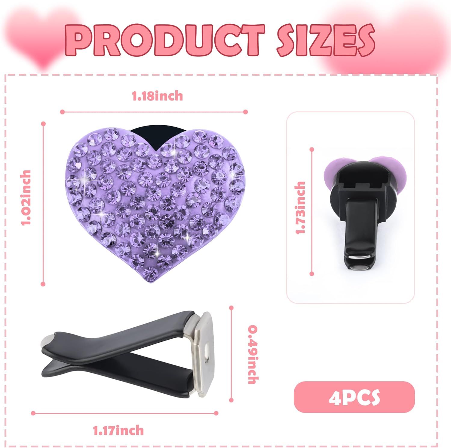 4PCS Heart-Shaped Car Vent Clips with Rhinestone,Bling Air Vent Clips Car Decorations,Premium Shiny Car Clips for Vents Accessories Interior (Purple) - Image 2