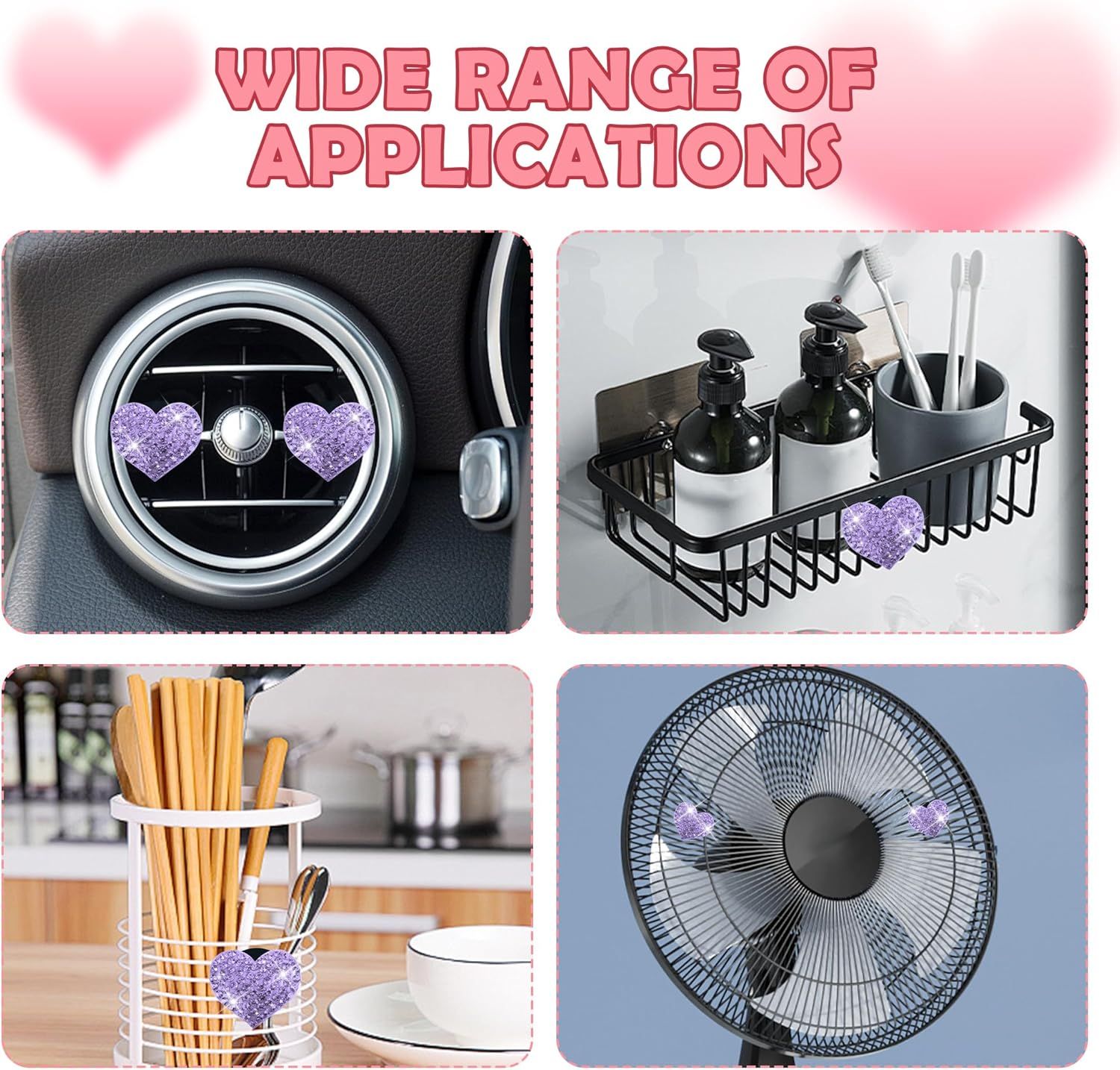 4PCS Heart-Shaped Car Vent Clips with Rhinestone,Bling Air Vent Clips Car Decorations,Premium Shiny Car Clips for Vents Accessories Interior (Purple) - Image 5