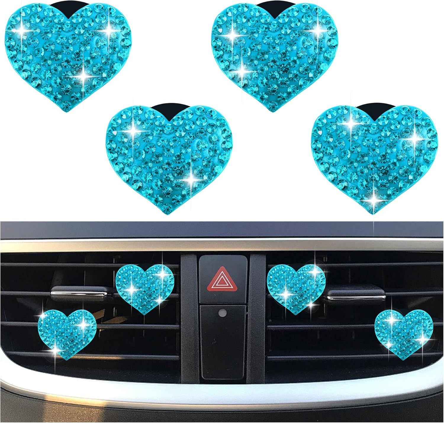 4PCS Heart-Shaped Car Vent Clips with Rhinestone,Bling Air Vent Clips Car Decorations,Premium Shiny Car Clips for Vents Accessories Interior (Lake Blue) - Image 1