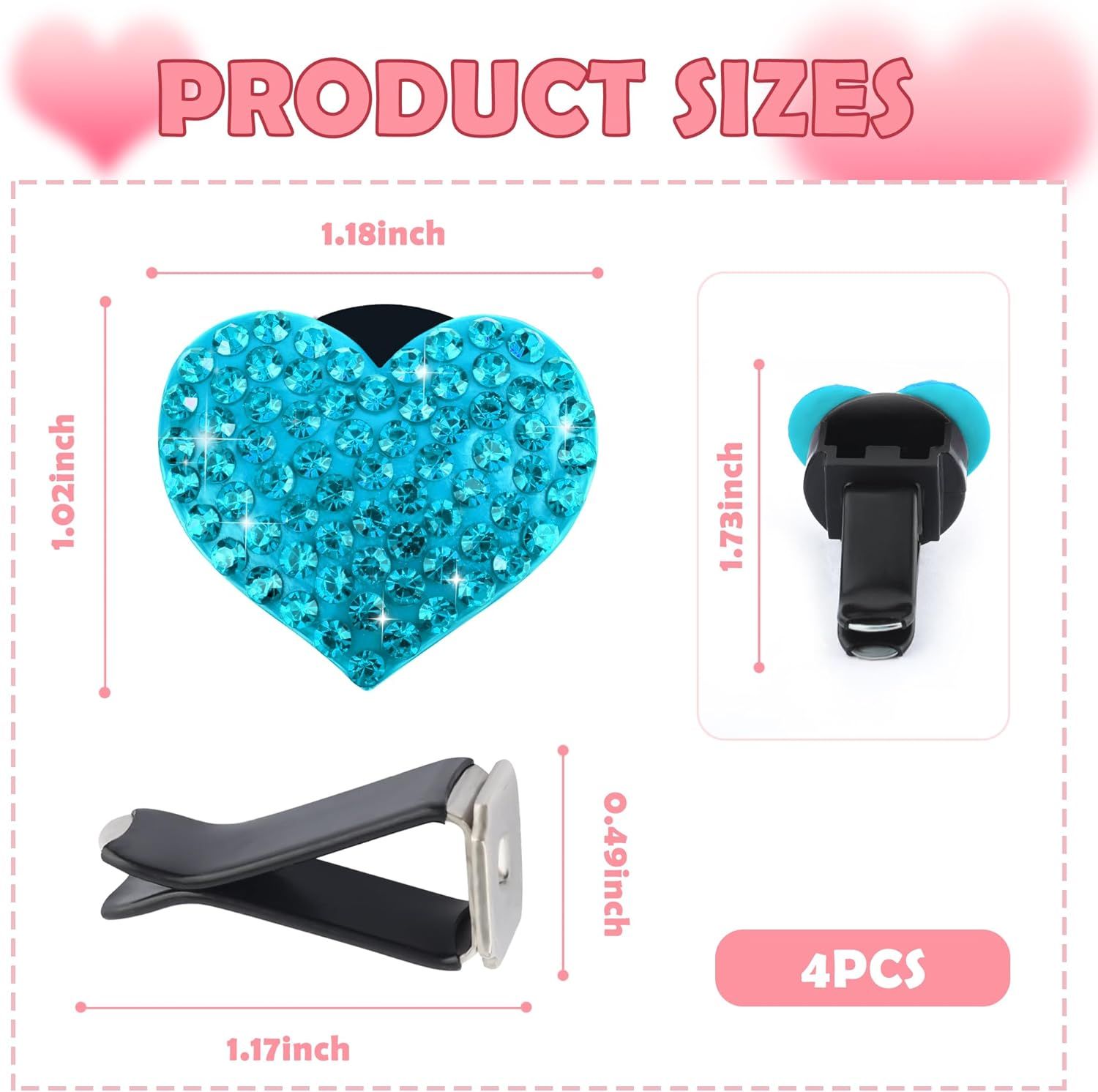 4PCS Heart-Shaped Car Vent Clips with Rhinestone,Bling Air Vent Clips Car Decorations,Premium Shiny Car Clips for Vents Accessories Interior (Lake Blue) - Image 2