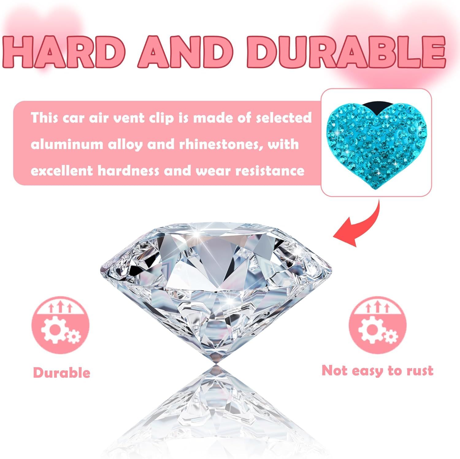 4PCS Heart-Shaped Car Vent Clips with Rhinestone,Bling Air Vent Clips Car Decorations,Premium Shiny Car Clips for Vents Accessories Interior (Lake Blue) - Image 3