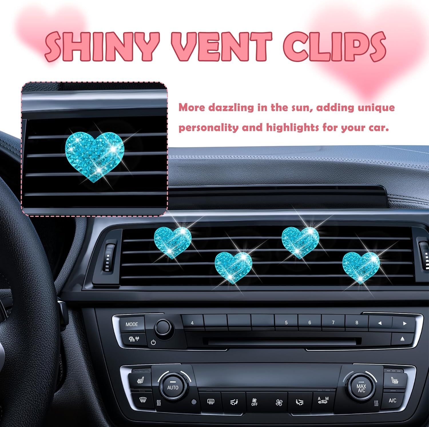 4PCS Heart-Shaped Car Vent Clips with Rhinestone,Bling Air Vent Clips Car Decorations,Premium Shiny Car Clips for Vents Accessories Interior (Lake Blue) - Image 4