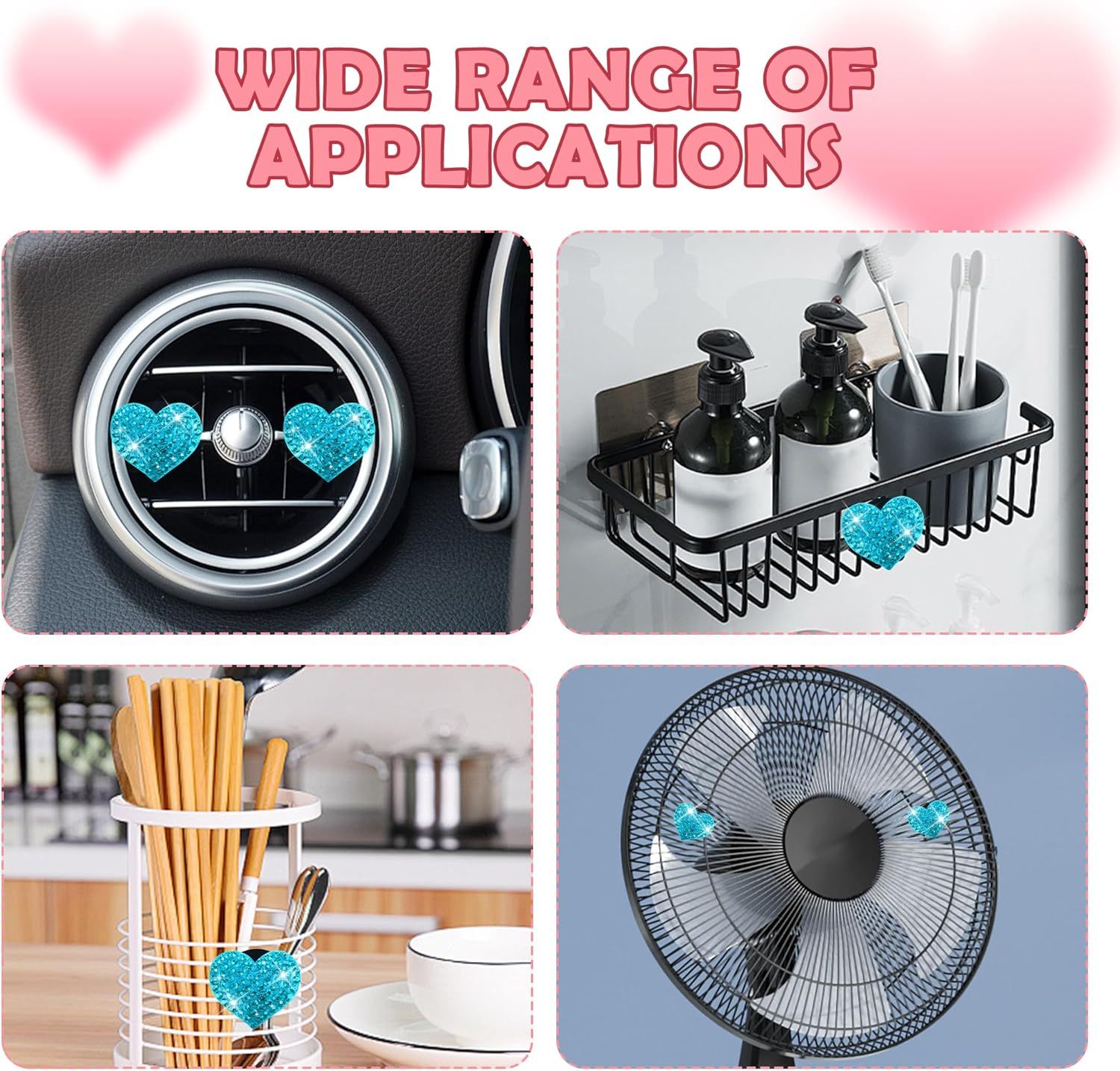 4PCS Heart-Shaped Car Vent Clips with Rhinestone,Bling Air Vent Clips Car Decorations,Premium Shiny Car Clips for Vents Accessories Interior (Lake Blue) - Image 5