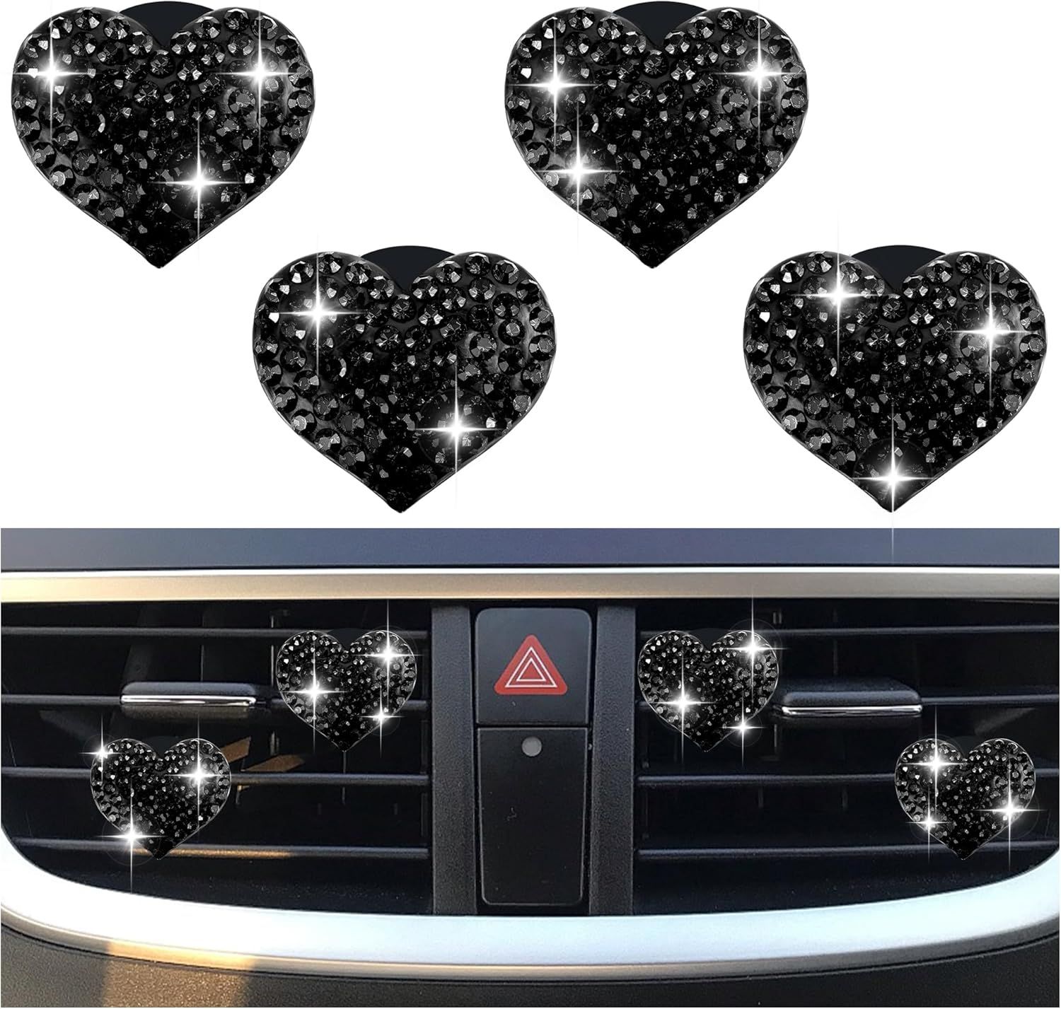 4PCS Heart-Shaped Car Vent Clips with Rhinestone,Bling Air Vent Clips Car Decorations,Premium Shiny Car Clips for Vents Accessories Interior (Black) - Image 1