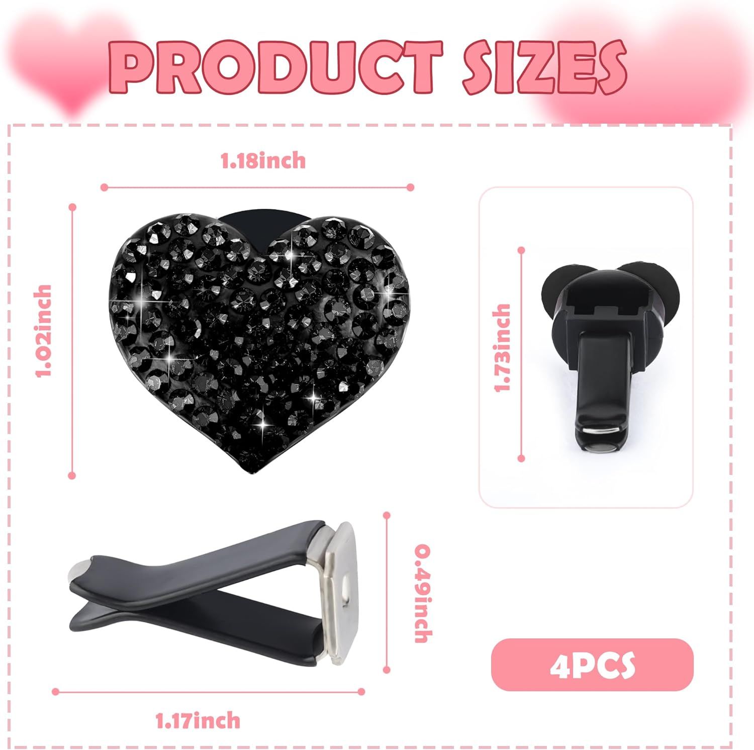 4PCS Heart-Shaped Car Vent Clips with Rhinestone,Bling Air Vent Clips Car Decorations,Premium Shiny Car Clips for Vents Accessories Interior (Black) - Image 2