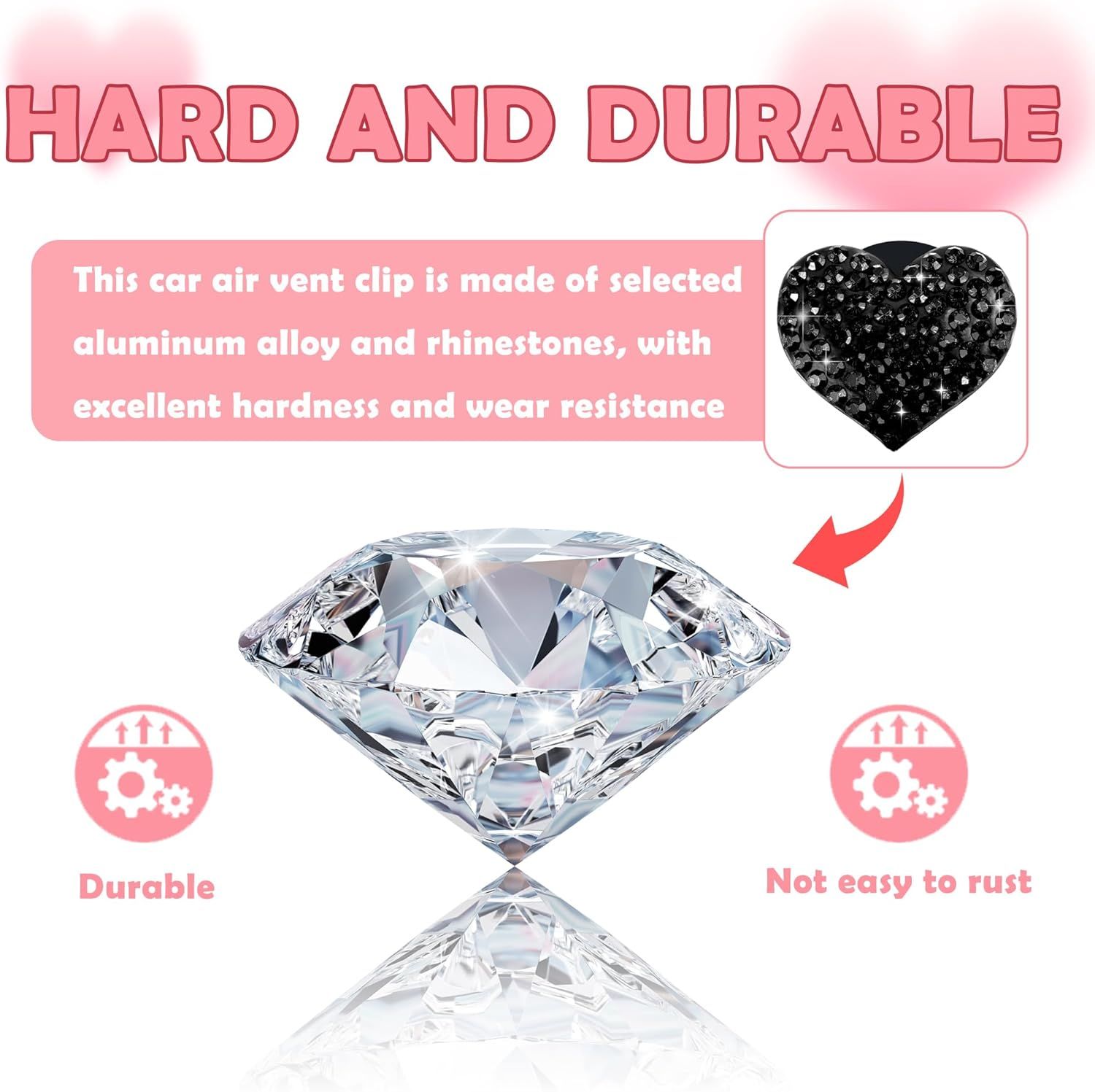 4PCS Heart-Shaped Car Vent Clips with Rhinestone,Bling Air Vent Clips Car Decorations,Premium Shiny Car Clips for Vents Accessories Interior (Black) - Image 3