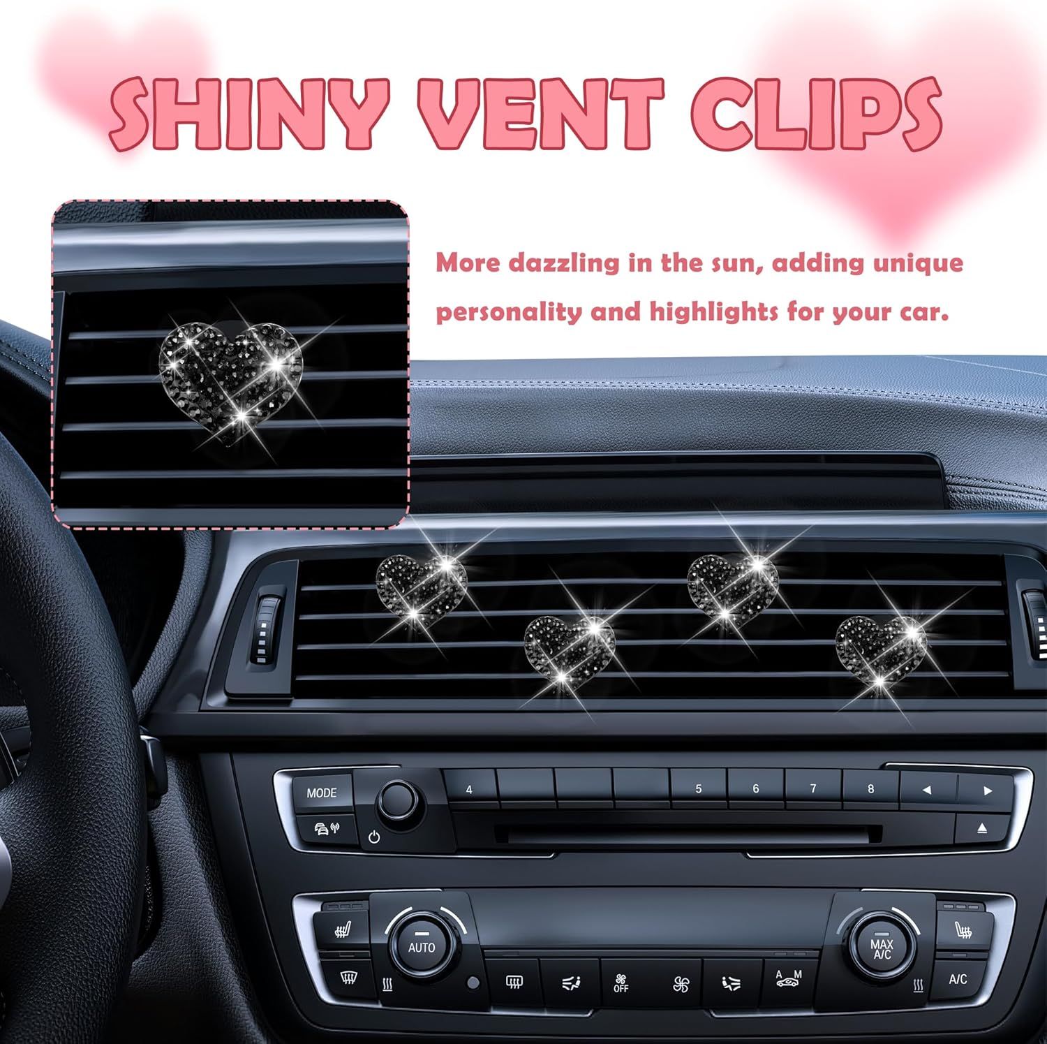 4PCS Heart-Shaped Car Vent Clips with Rhinestone,Bling Air Vent Clips Car Decorations,Premium Shiny Car Clips for Vents Accessories Interior (Black) - Image 4