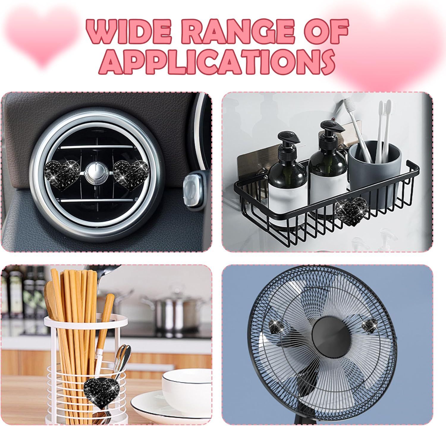 4PCS Heart-Shaped Car Vent Clips with Rhinestone,Bling Air Vent Clips Car Decorations,Premium Shiny Car Clips for Vents Accessories Interior (Black) - Image 5