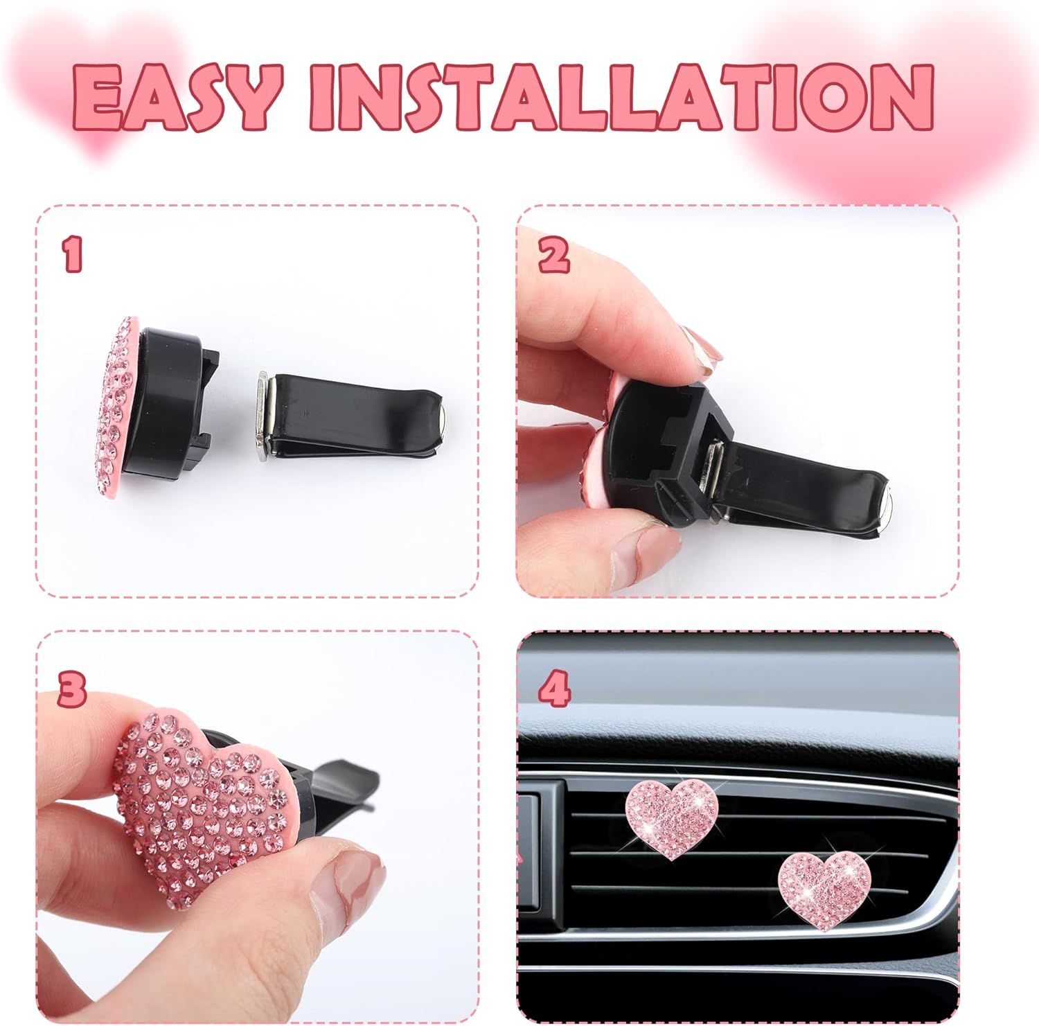 4PCS Heart-Shaped Car Vent Clips with Rhinestone,Bling Air Vent Clips Car Decorations,Premium Shiny Car Clips for Vents Accessories Interior (Black) - Image 6