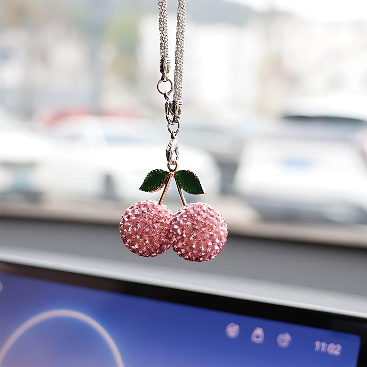 Bling Cherry Car Rear View Mirror Charm, Sparkly Rhinestones Automotive Decoration Pendant, Cute Vehicle Interior Hanging Ornament, Lucky Present for Women, Girl (Pink) - Image 1