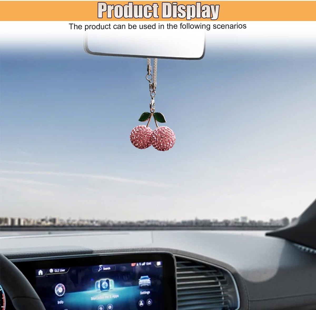 Bling Cherry Car Rear View Mirror Charm, Sparkly Rhinestones Automotive Decoration Pendant, Cute Vehicle Interior Hanging Ornament, Lucky Present for Women, Girl (Pink) - Image 4