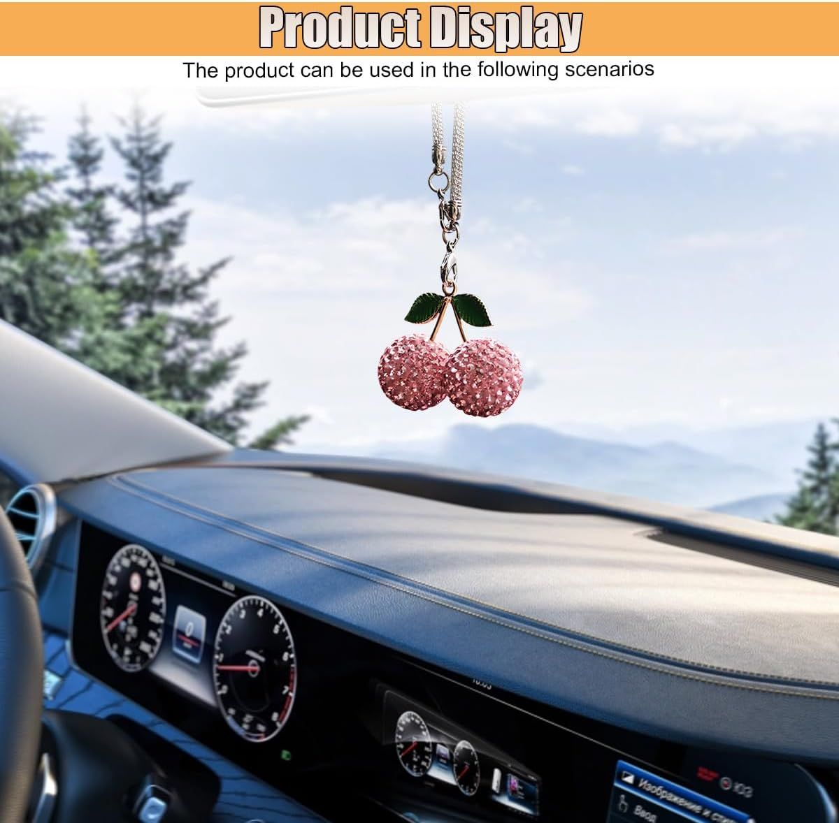 Bling Cherry Car Rear View Mirror Charm, Sparkly Rhinestones Automotive Decoration Pendant, Cute Vehicle Interior Hanging Ornament, Lucky Present for Women, Girl (Pink) - Image 5