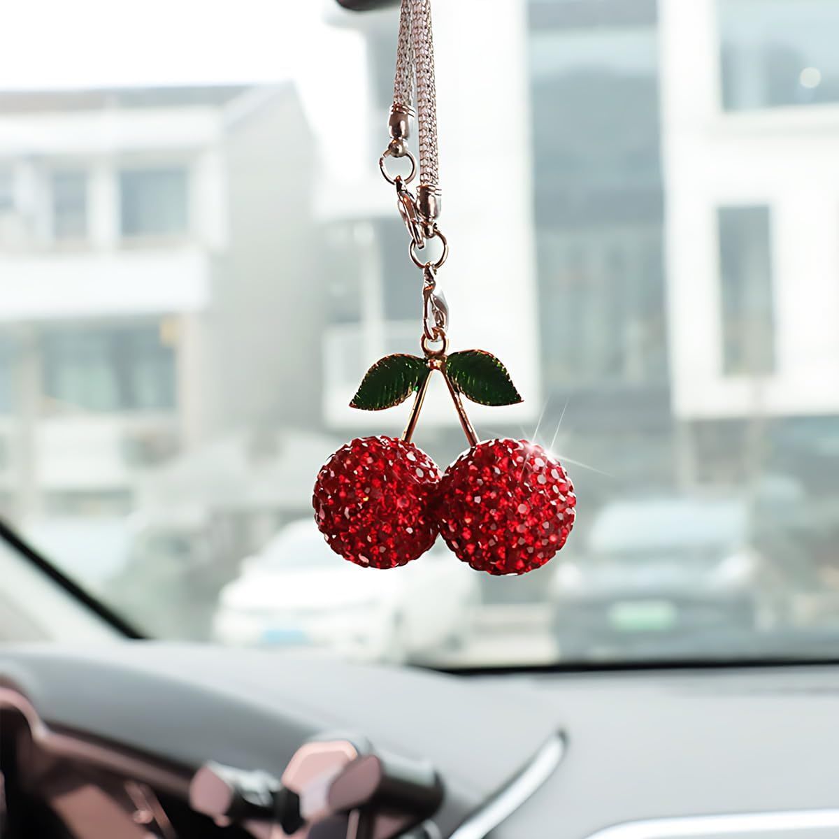 Bling Cherry Car Rear View Mirror Charm, Sparkly Rhinestones Automotive Decoration Pendant, Cute Vehicle Interior Hanging Ornament, Lucky Present for Women, Girl (Red) - Image 1
