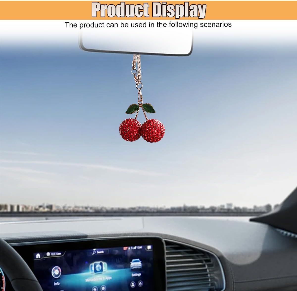 Bling Cherry Car Rear View Mirror Charm, Sparkly Rhinestones Automotive Decoration Pendant, Cute Vehicle Interior Hanging Ornament, Lucky Present for Women, Girl (Red) - Image 4