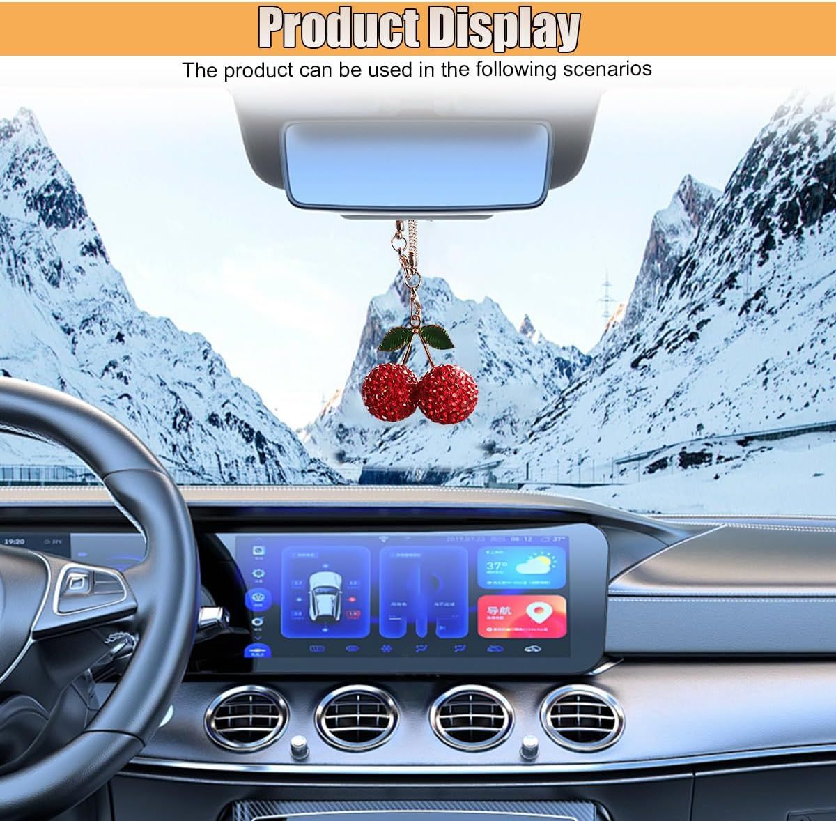 Bling Cherry Car Rear View Mirror Charm, Sparkly Rhinestones Automotive Decoration Pendant, Cute Vehicle Interior Hanging Ornament, Lucky Present for Women, Girl (Red) - Image 6