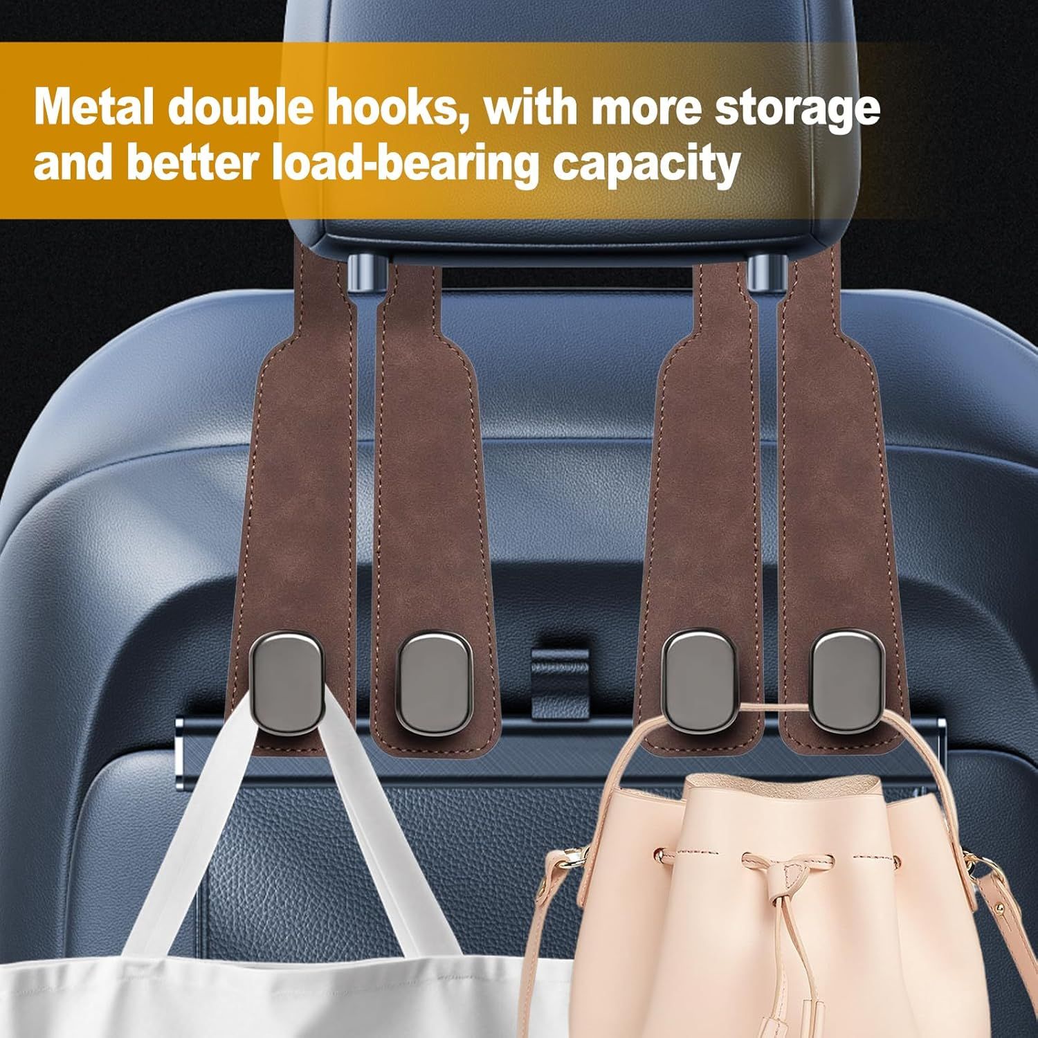 Car Purse Hook Purse Hook for Car Seats Headrest Car Seat Hooks,Heavy Duty Vehicle Organizer for Handbags, Groceries, Purses, Keep Car Tidy (Brown, 4 Pack) - Image 4