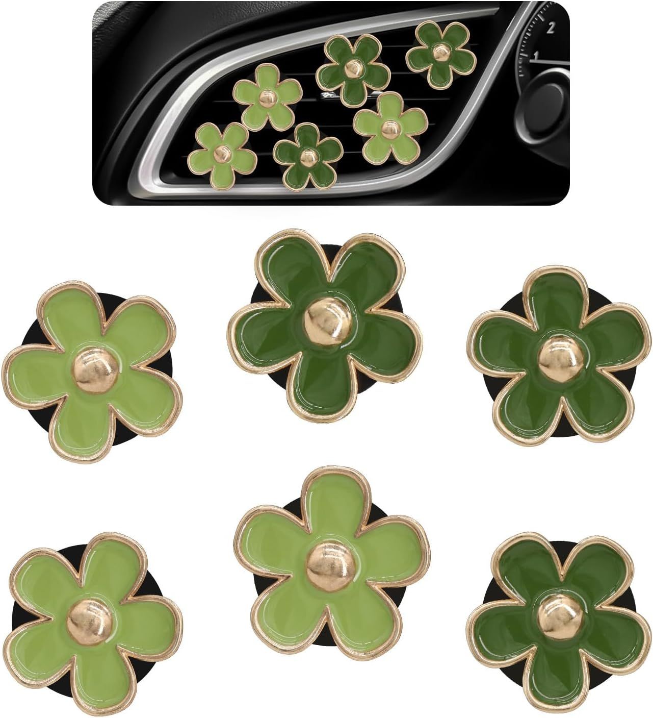 Green Flower Car Decor,6pcs Green Daisy Air Vent Clips Car Air Fresheners,2 Sizes Sage and Olive Green Flowers Dashboard Decorations Accessories for Women,Girly Refillable Diffuser - Image 1
