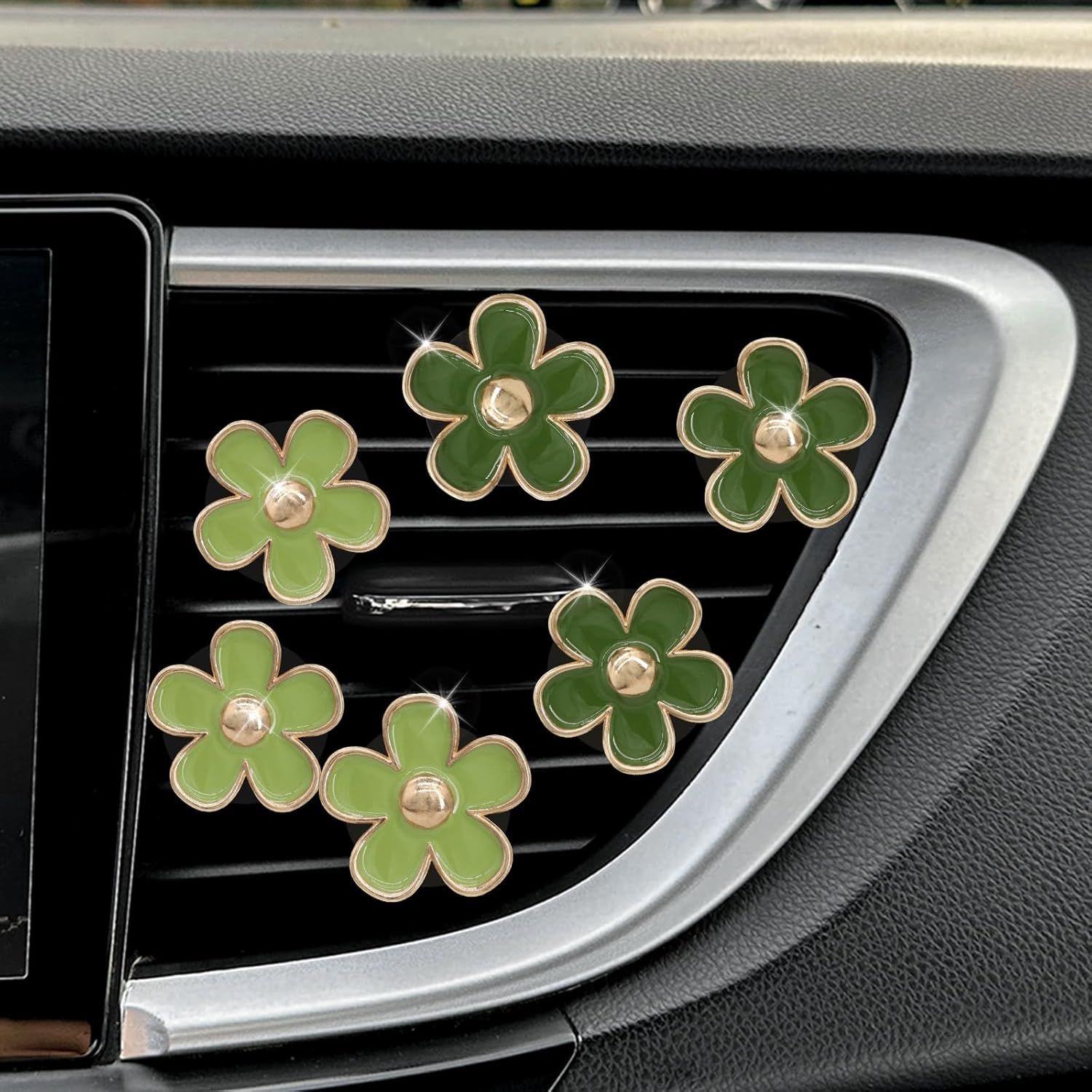 Green Flower Car Decor,6pcs Green Daisy Air Vent Clips Car Air Fresheners,2 Sizes Sage and Olive Green Flowers Dashboard Decorations Accessories for Women,Girly Refillable Diffuser - Image 3