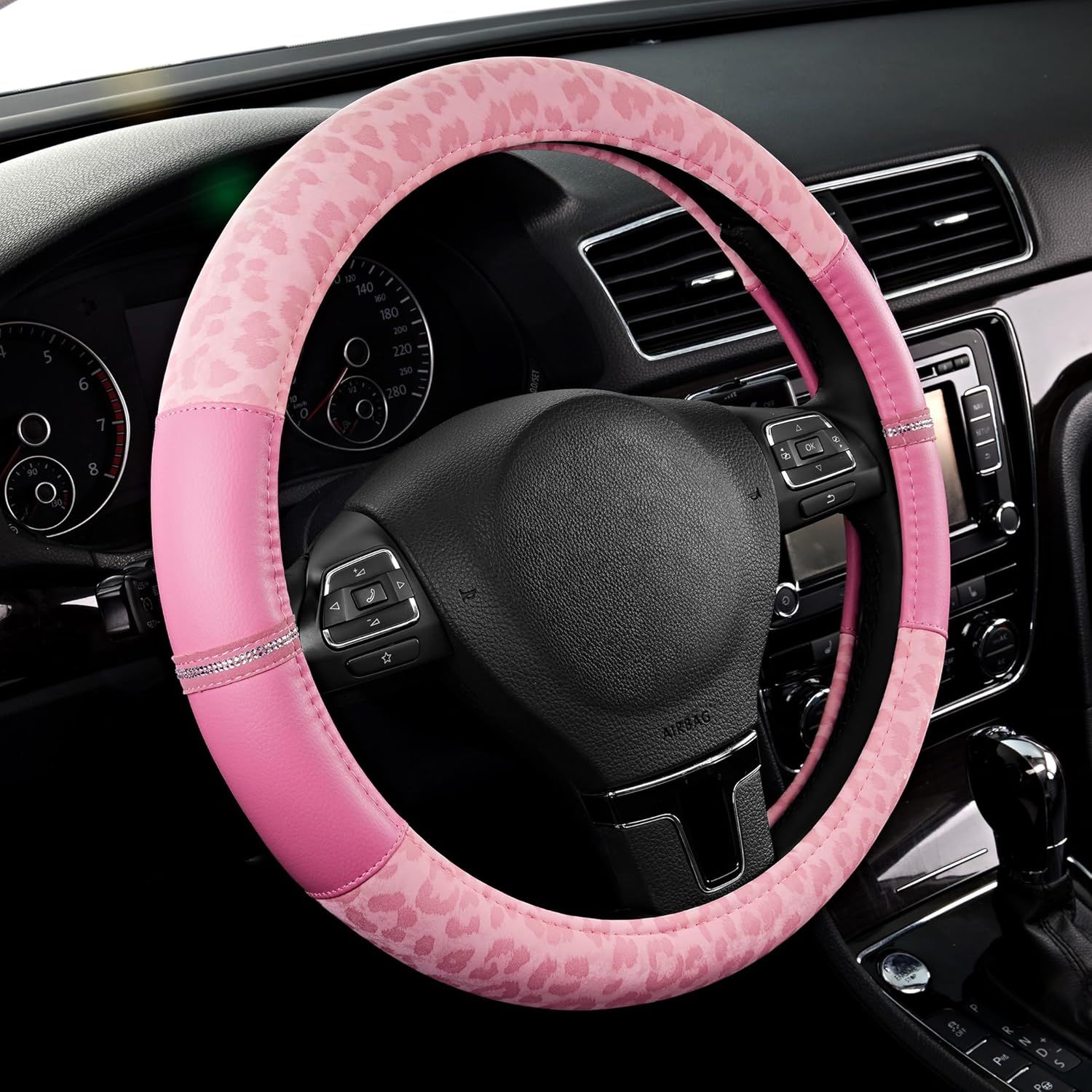 Leopard Steering Wheel Cover for Women, Cute Anti-Slip Microfiber Leather, Universal Fit 14.5-15 Inch Round Steering Wheel - Full Pink - Image 1