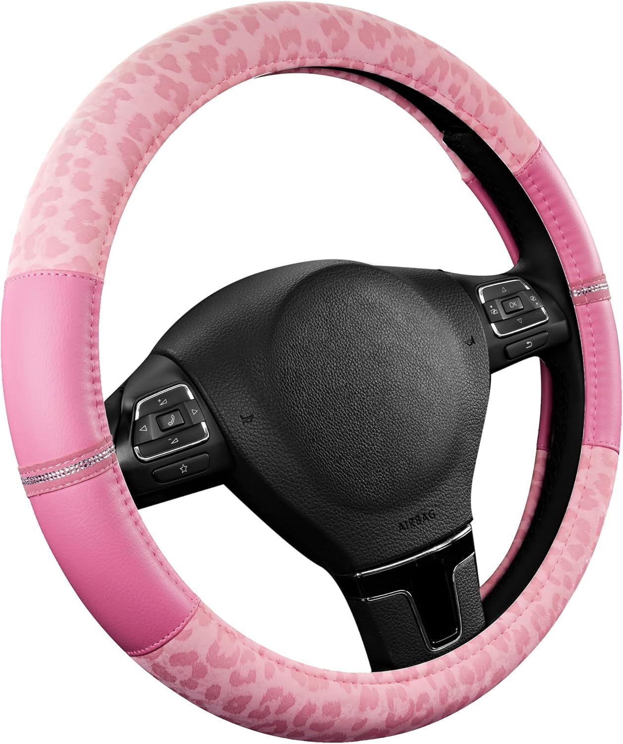 Leopard Steering Wheel Cover for Women, Cute Anti-Slip Microfiber Leather, Universal Fit 14.5-15 Inch Round Steering Wheel - Full Pink - Image 2