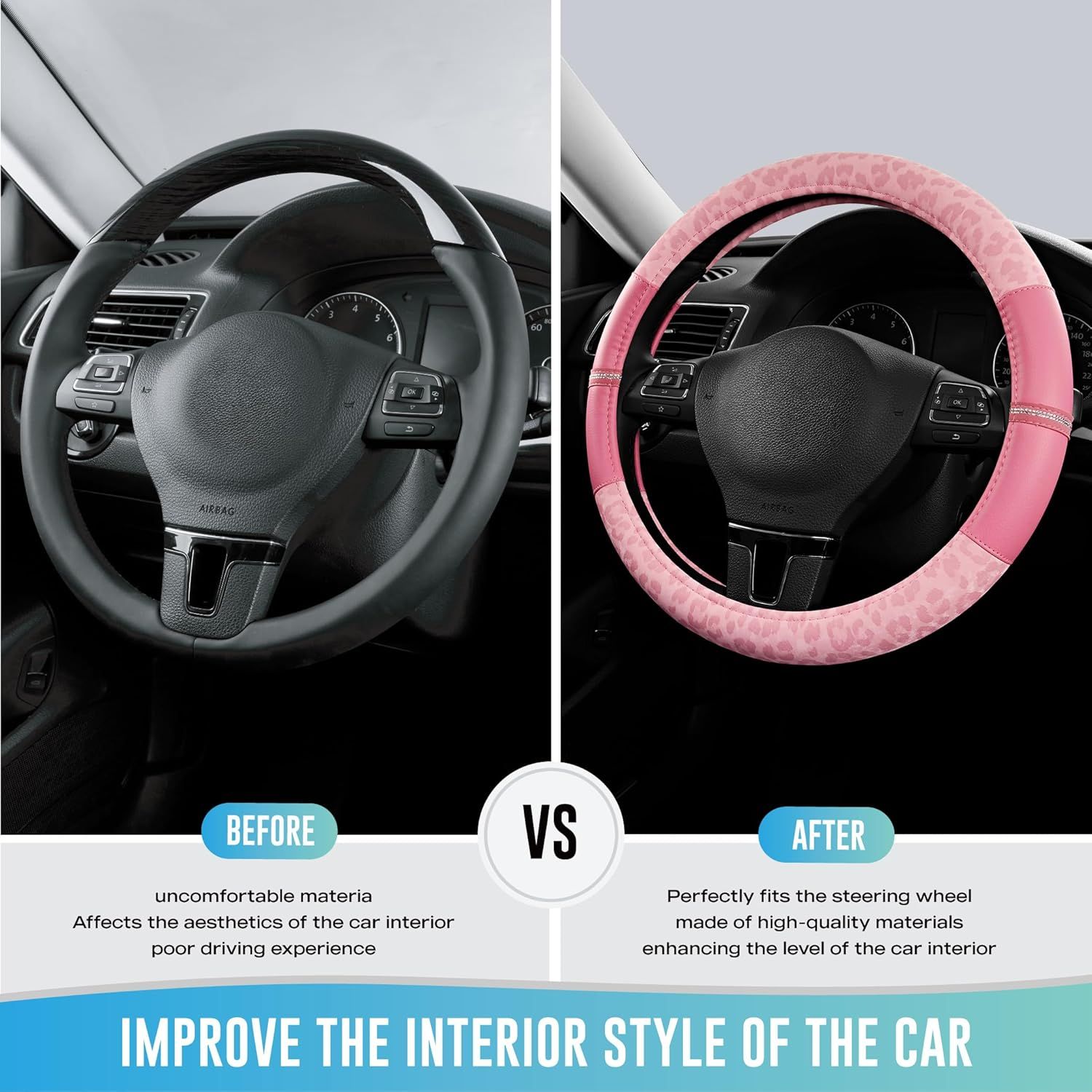 Leopard Steering Wheel Cover for Women, Cute Anti-Slip Microfiber Leather, Universal Fit 14.5-15 Inch Round Steering Wheel - Full Pink - Image 3