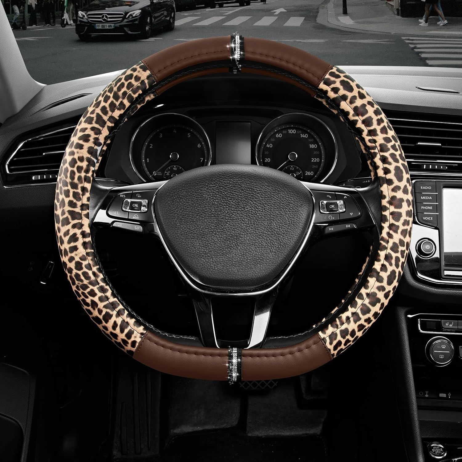 Leopard Steering Wheel Cover for Women, Cute Anti-Slip Microfiber Leather, Fits D Shape Flat Bottom Steering Wheel 14.5-15 Inch - Brown - Image 1