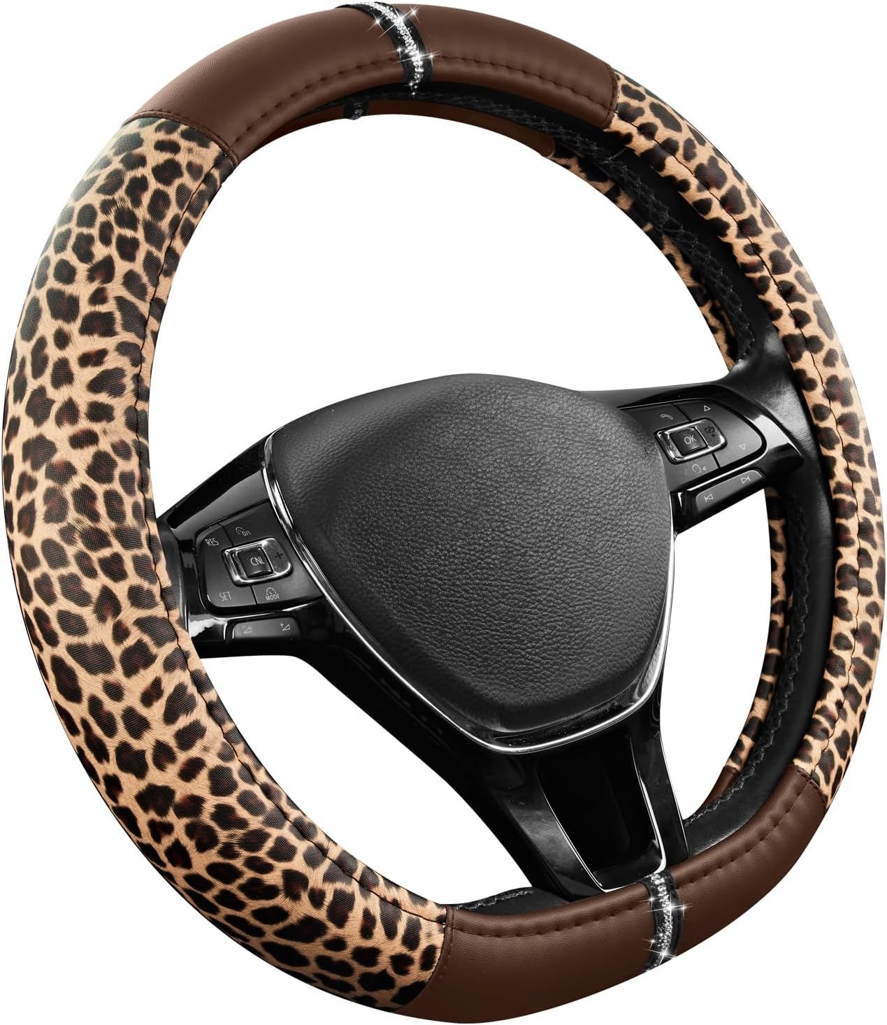 Leopard Steering Wheel Cover for Women, Cute Anti-Slip Microfiber Leather, Fits D Shape Flat Bottom Steering Wheel 14.5-15 Inch - Brown - Image 2