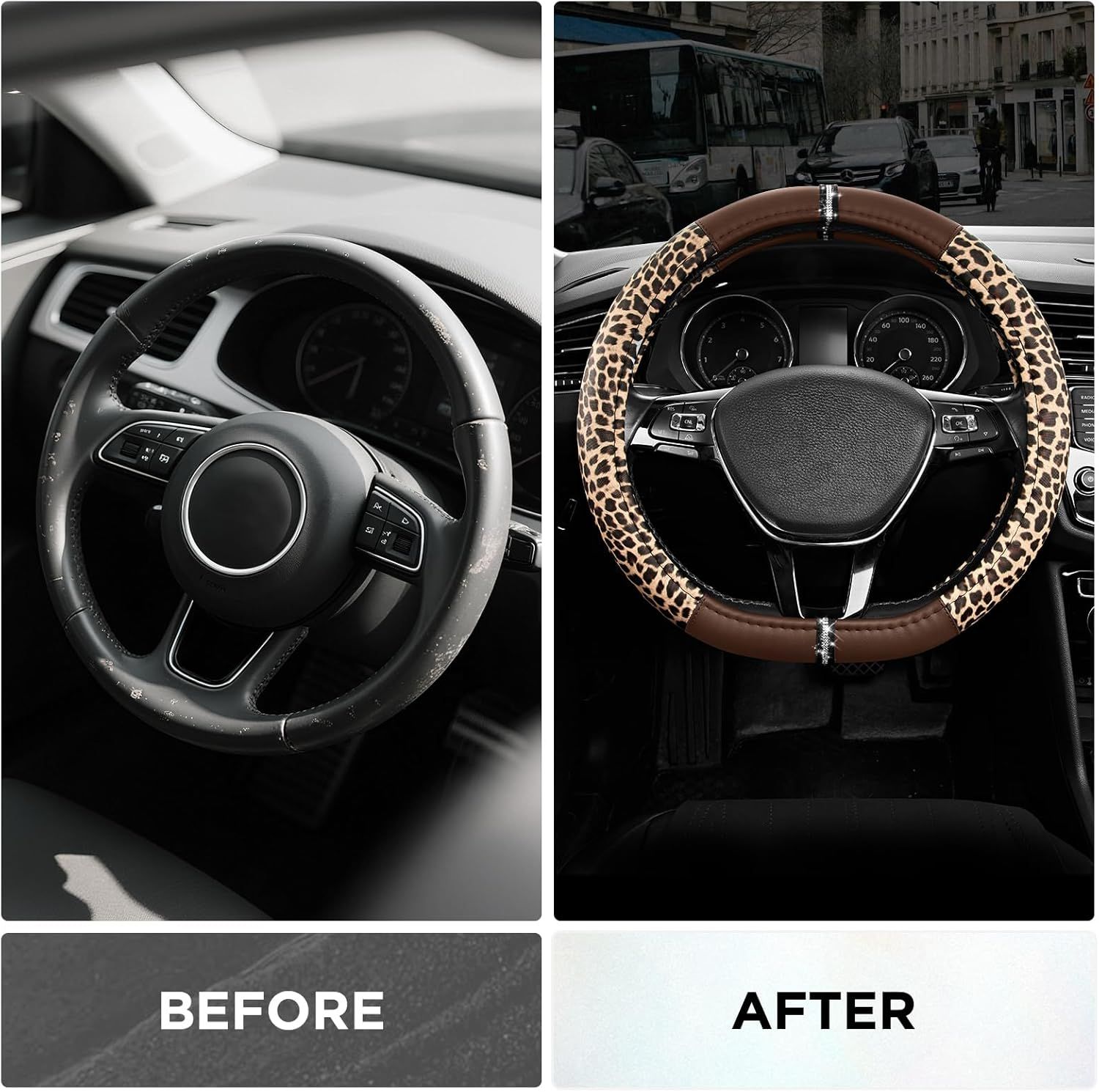 Leopard Steering Wheel Cover for Women, Cute Anti-Slip Microfiber Leather, Fits D Shape Flat Bottom Steering Wheel 14.5-15 Inch - Brown - Image 3