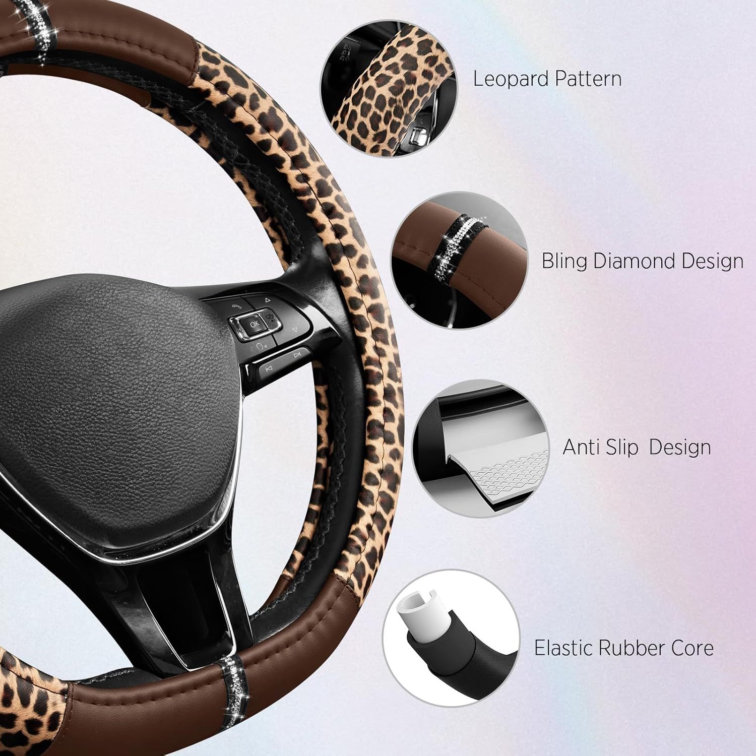 Leopard Steering Wheel Cover for Women, Cute Anti-Slip Microfiber Leather, Fits D Shape Flat Bottom Steering Wheel 14.5-15 Inch - Brown - Image 4