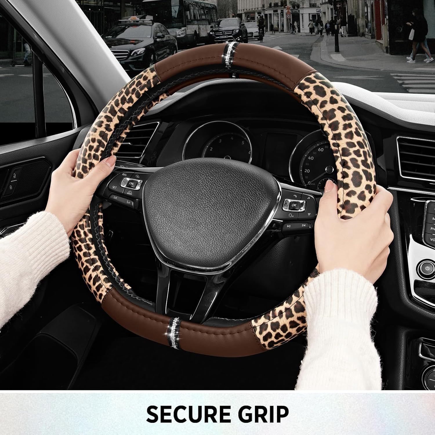 Leopard Steering Wheel Cover for Women, Cute Anti-Slip Microfiber Leather, Fits D Shape Flat Bottom Steering Wheel 14.5-15 Inch - Brown - Image 5
