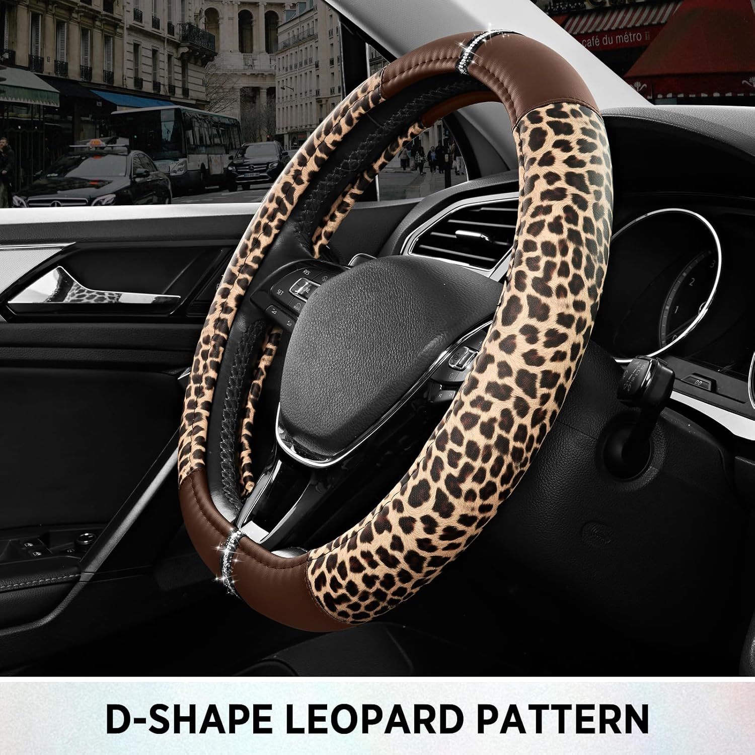 Leopard Steering Wheel Cover for Women, Cute Anti-Slip Microfiber Leather, Fits D Shape Flat Bottom Steering Wheel 14.5-15 Inch - Brown - Image 6