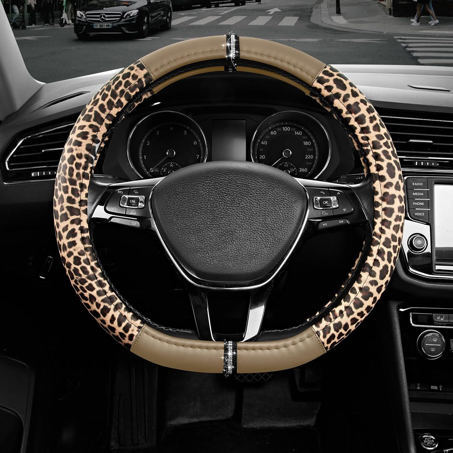 Leopard Steering Wheel Cover for Women, Cute Anti-Slip Microfiber Leather, Fits D Shape Flat Bottom Steering Wheel 14.5-15 Inch - Beige - Image 1