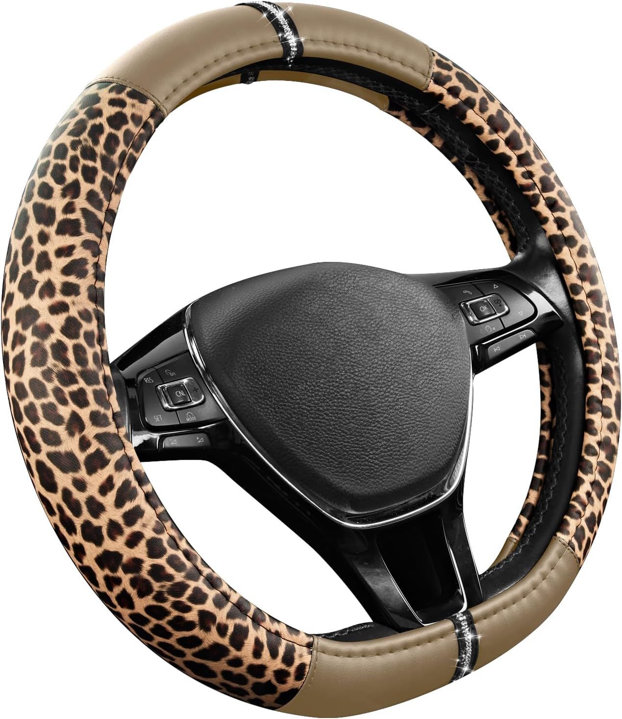 Leopard Steering Wheel Cover for Women, Cute Anti-Slip Microfiber Leather, Fits D Shape Flat Bottom Steering Wheel 14.5-15 Inch - Beige - Image 2